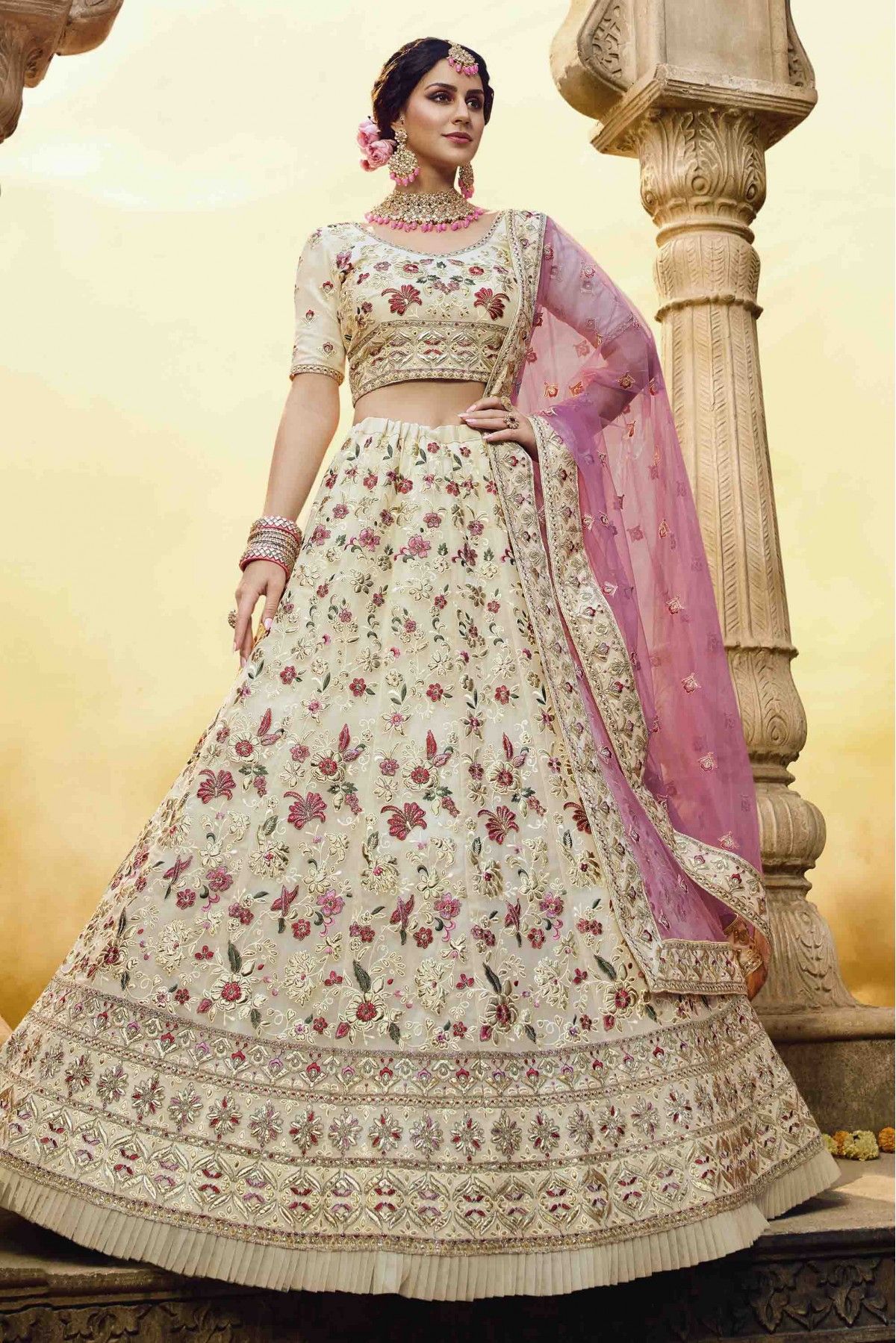 Buy Off-White Mirror Work Net Reception Wear Lehenga Choli At Designer  Lehenga Choli