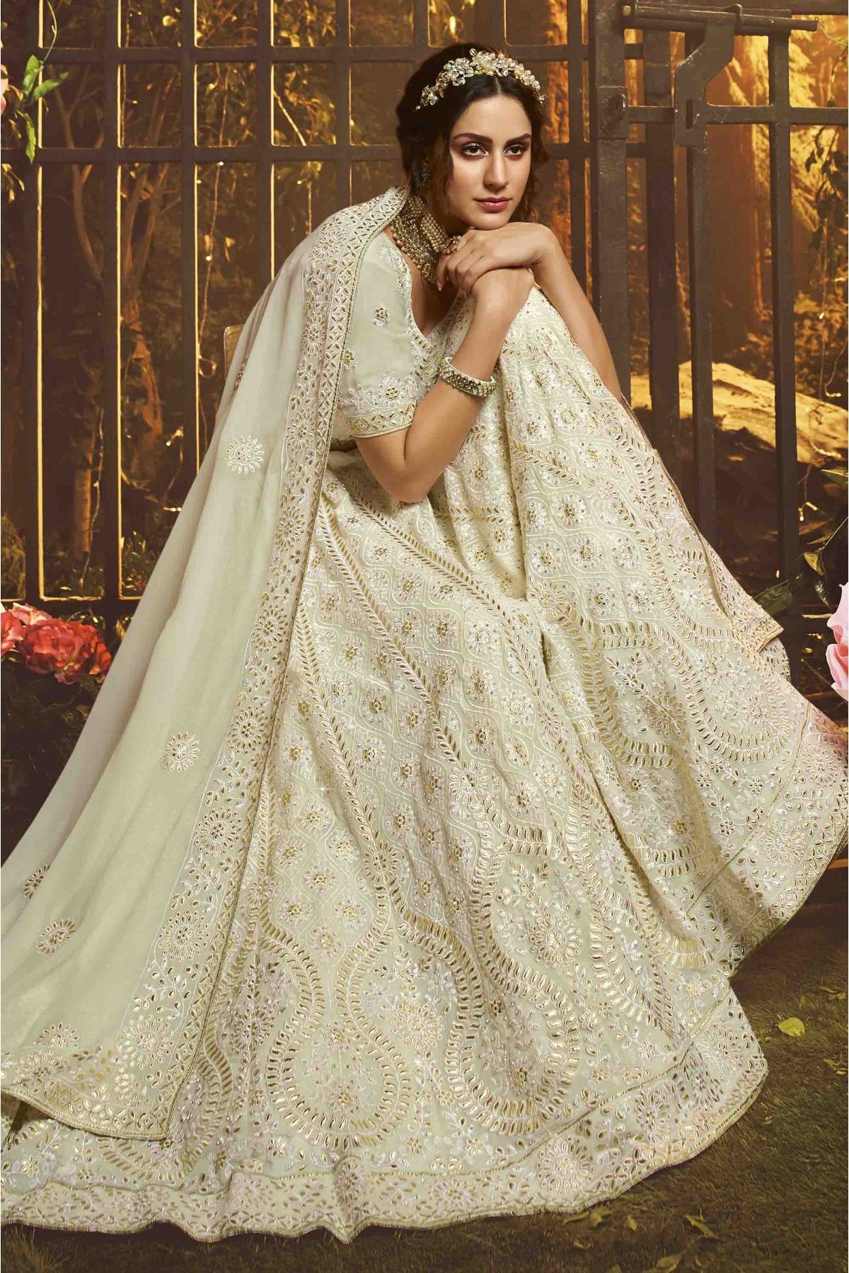 Buy Ivory White Lehenga Choli In Raw Silk With Colorful Resham And Cut Dana  Embroidered Summertime Flowers And Heritage Motifs Online - Kalki Fashion