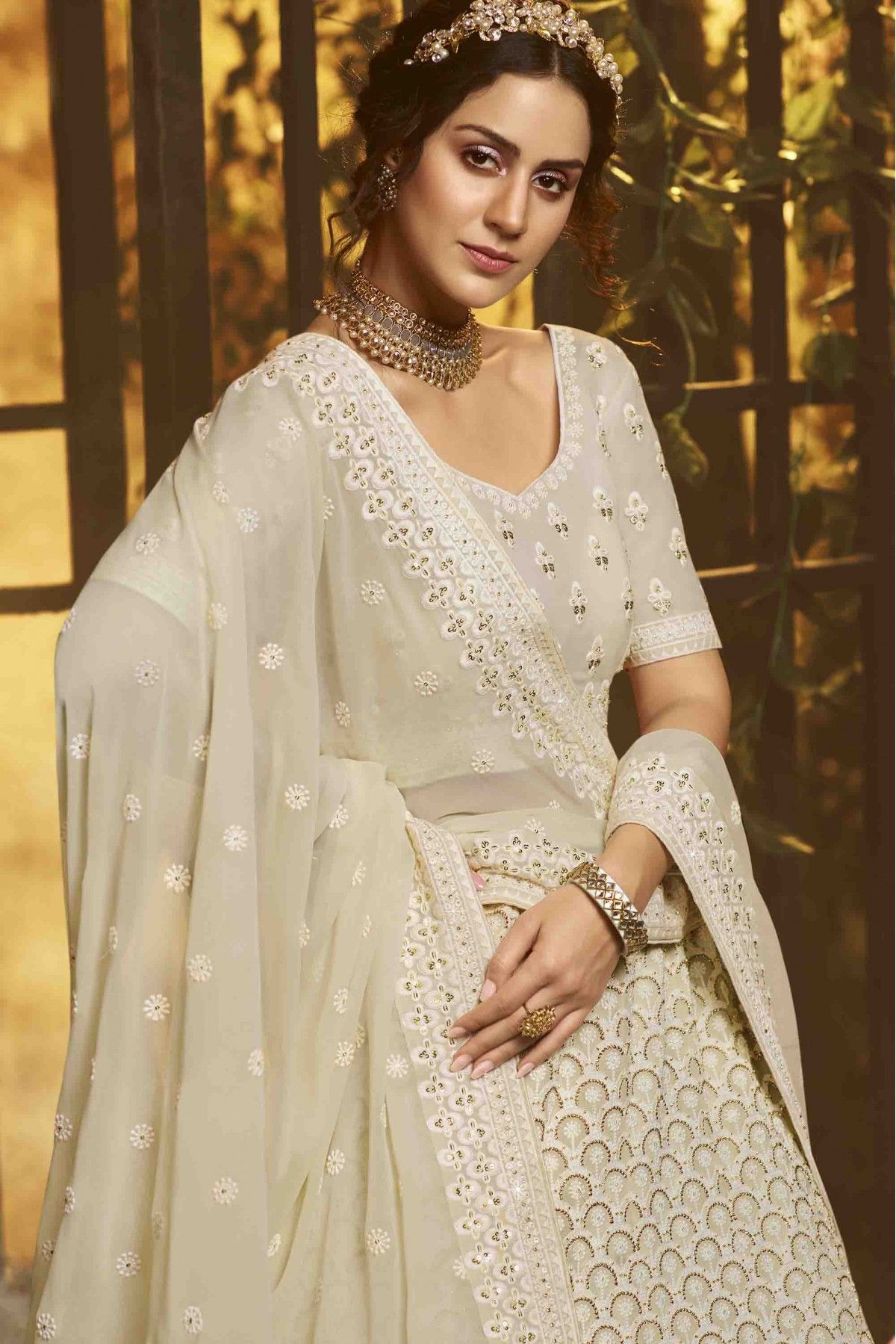 Cream Color Georgette Embroidery Lehenga Choli