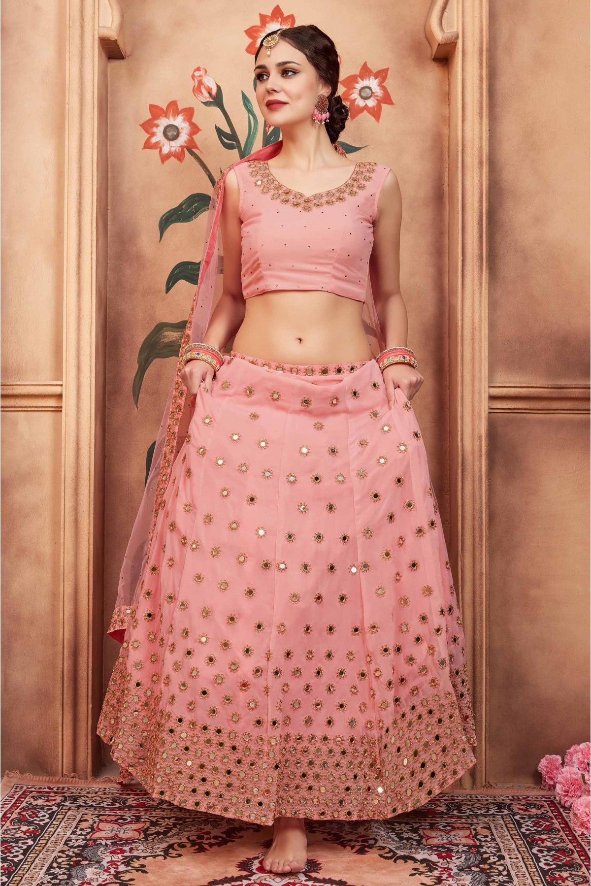 Buy Orange Silk Linen Embroidered Floral Motifs Crop Top And Lehenga Set  For Women by Incheetape Online at Aza Fashions.