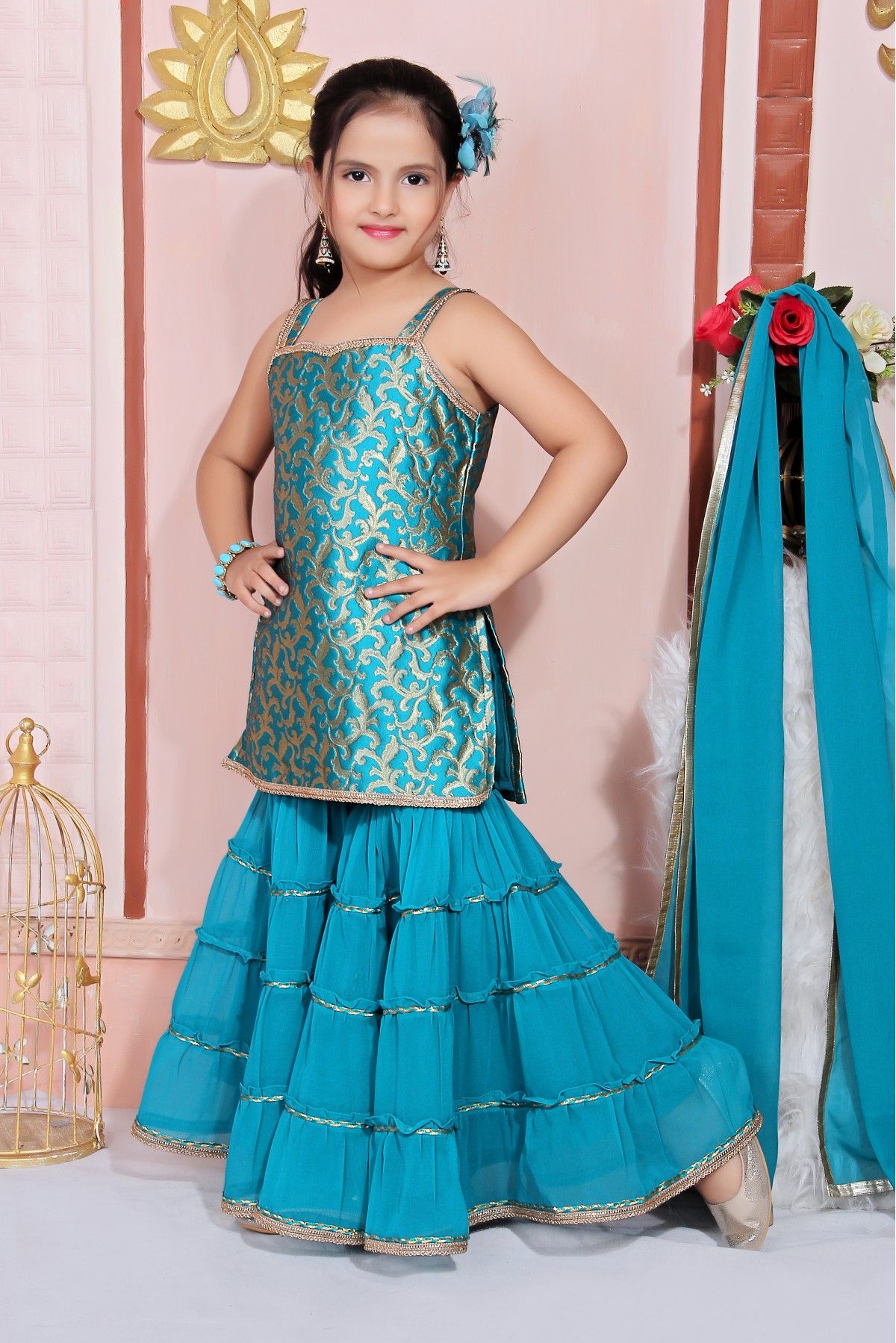 teal Blue Art silk Anarkali Suit with Printed - AS3576