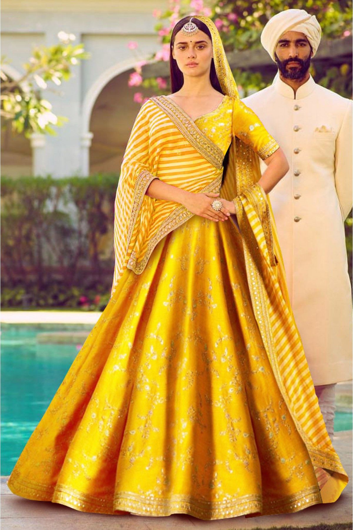 Yellow silk circular lehenga choli for wedding 6502