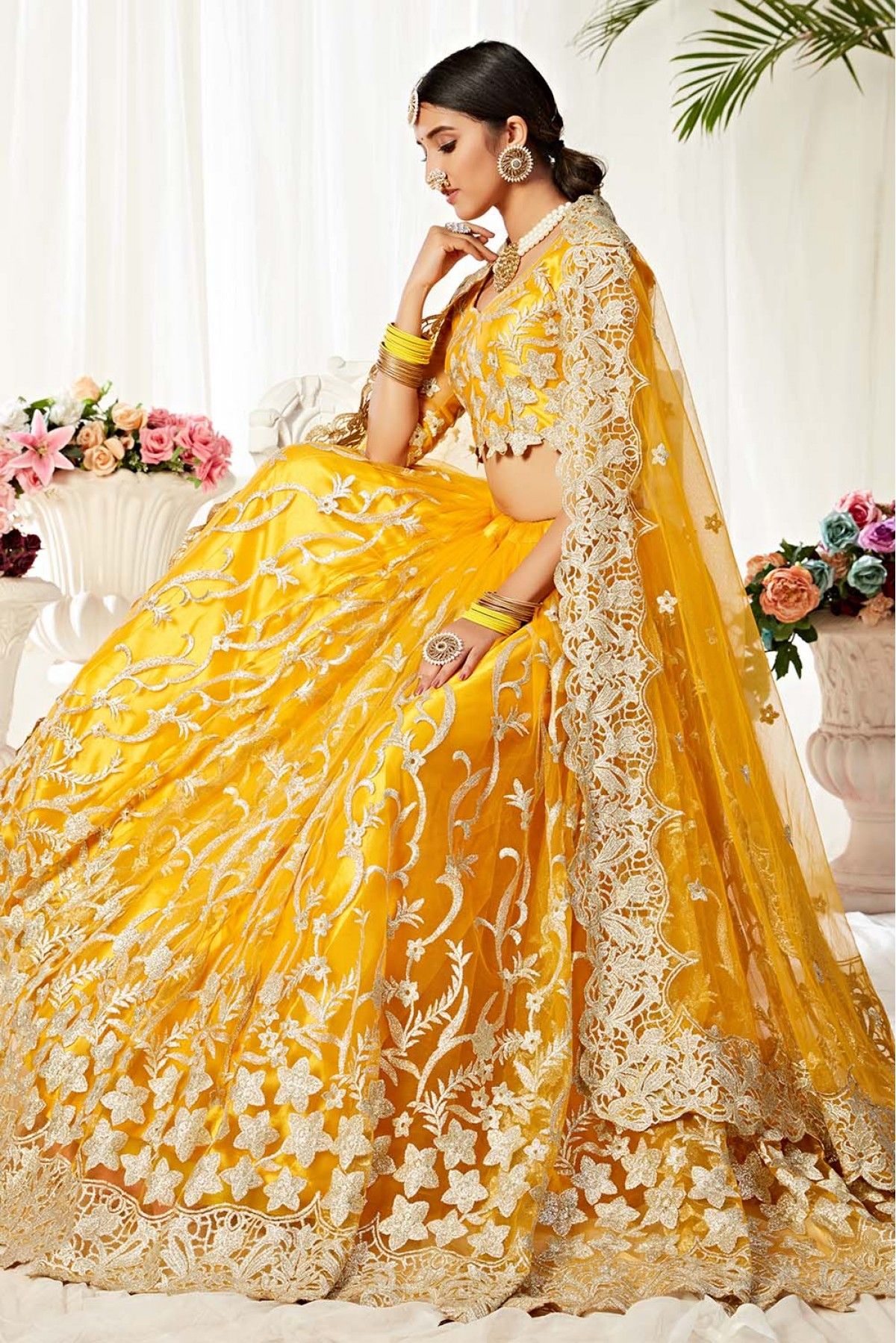 Mustard Yellow Zarkan Work Silk Semi Stitched Bridal Lehenga Choli Wit –  Parvati Ethnic