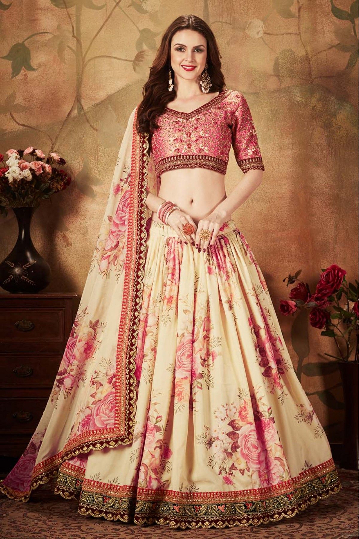 Cream color Lehenga Choli with Mirror and Siroski work - House of Surya