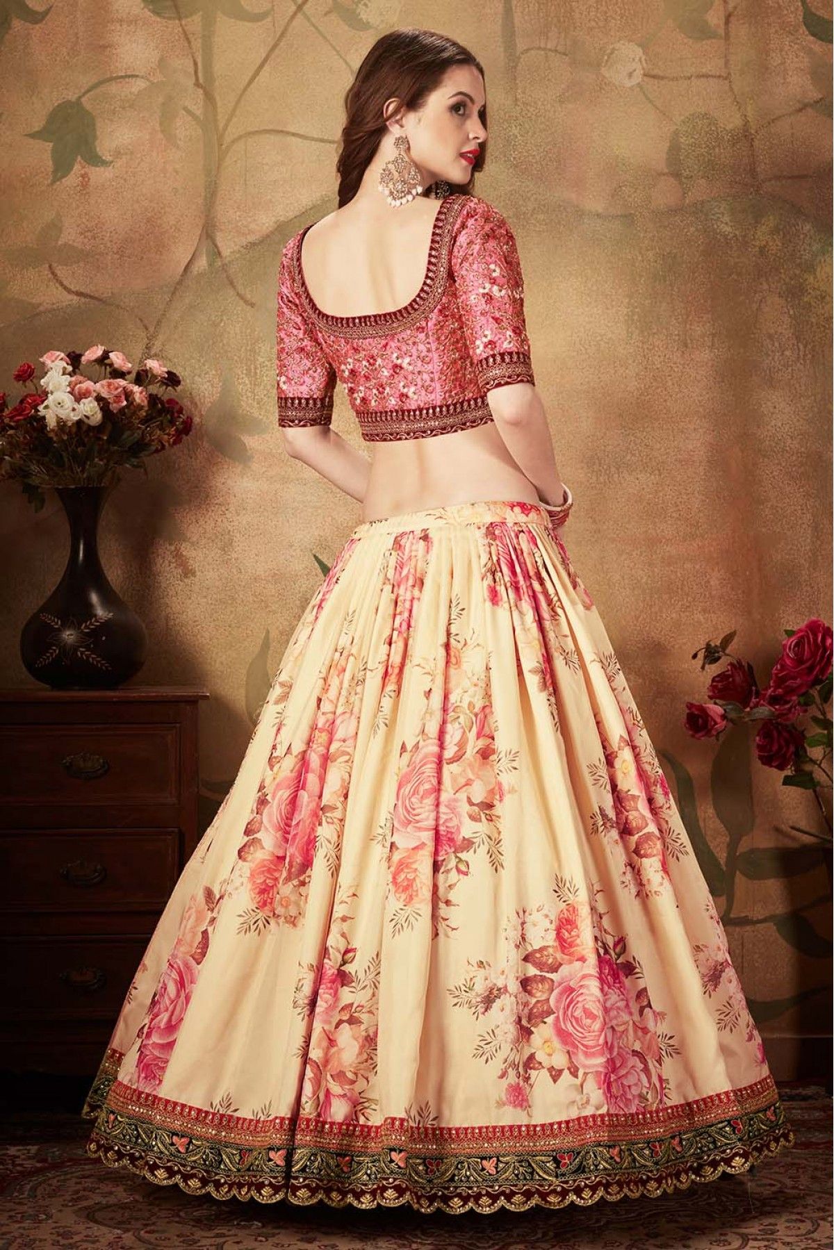 Shop Cream and Maroon Velvet Designer Lehenga Choli Online : 271968 -