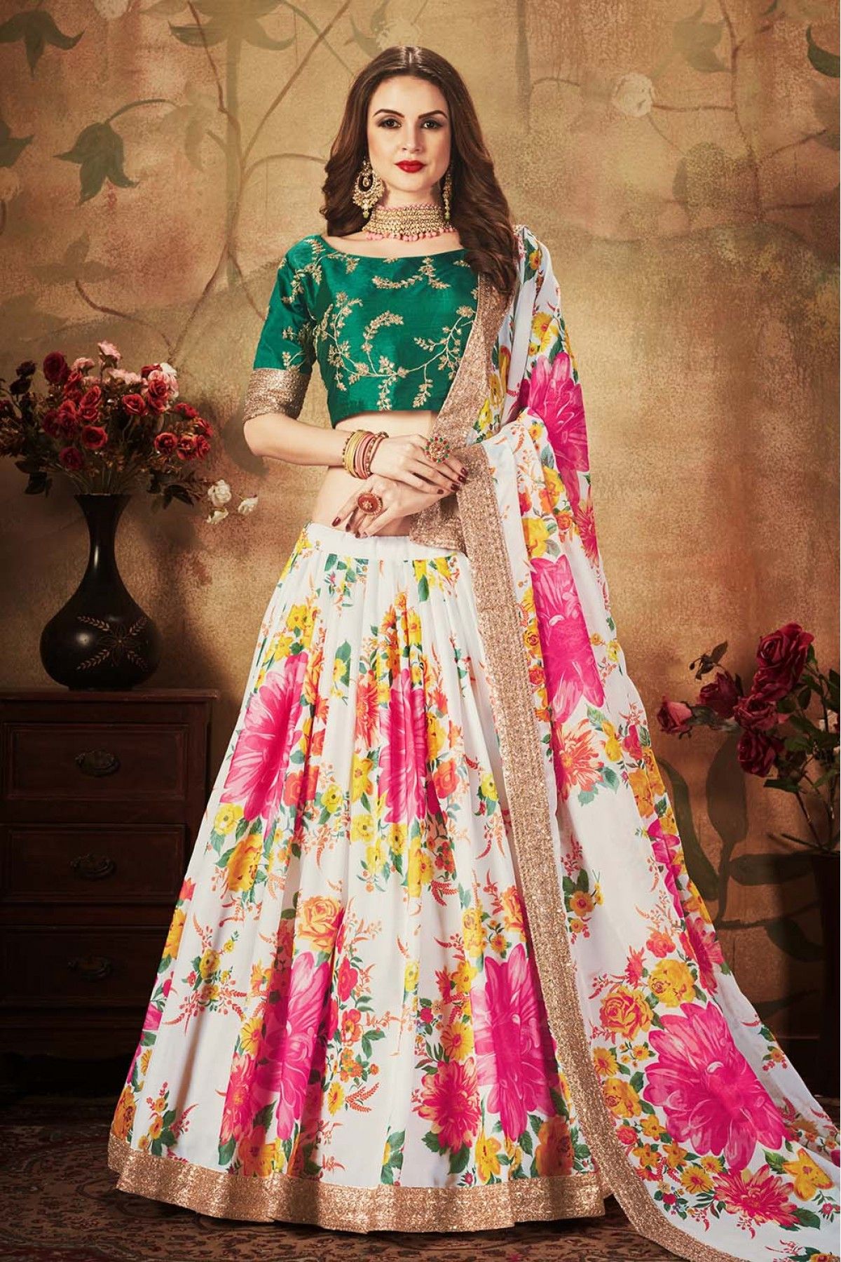 Buy Party Wear Peach Organza Printed Work Designer Lehenga Choli 148989  Online