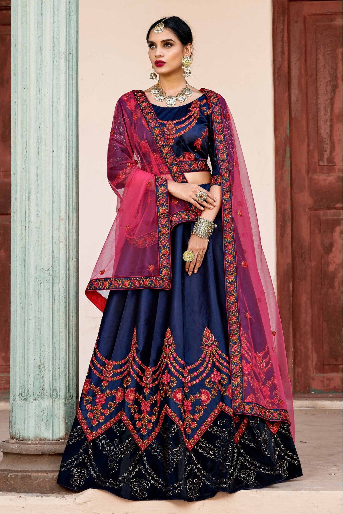 Navy Blue and Light Red with Embroidered Bridal Lehenga – Fashionous