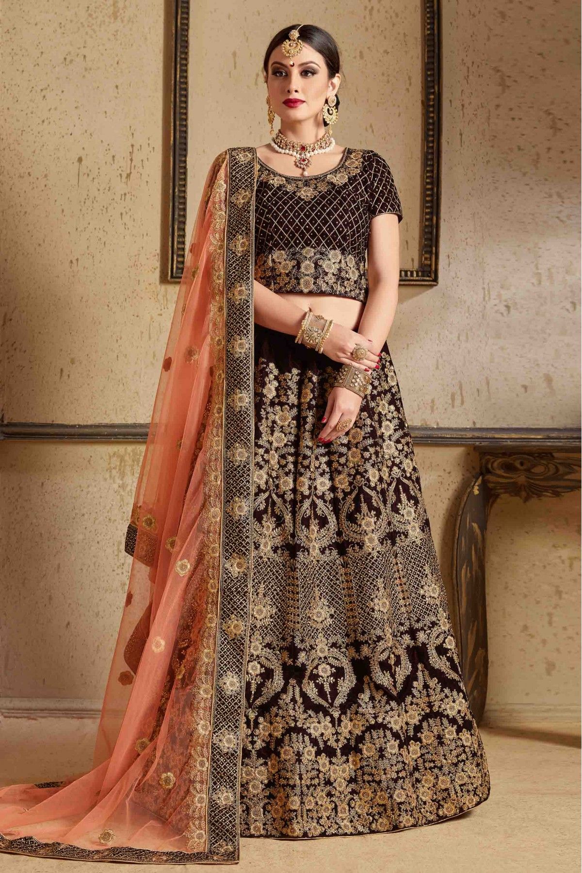 Coffee Color Readymade Lehenga Choli With Embroidery Work Blouse Crop Top Lehenga  Choli in USA, UK, Malaysia, South Africa, Dubai, Singapore