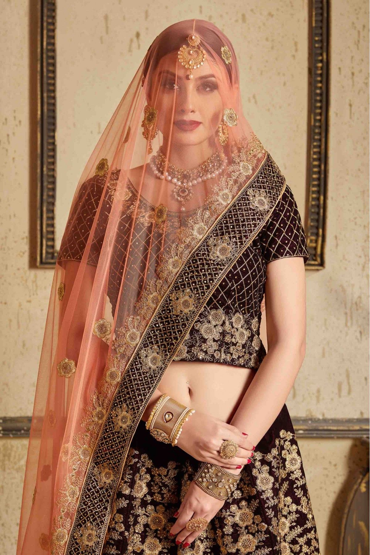 Amazing Dark Maroon Thread Embroidered Velvet Silk Bridal Le