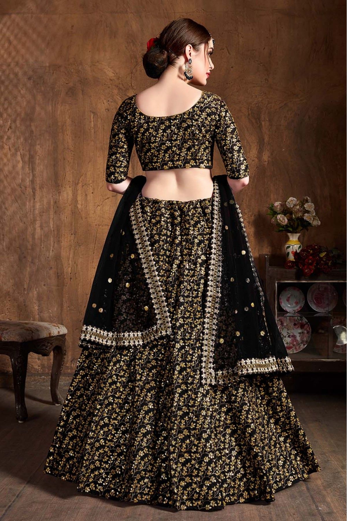 Net Foil Print Lehenga Choli In Black Colour