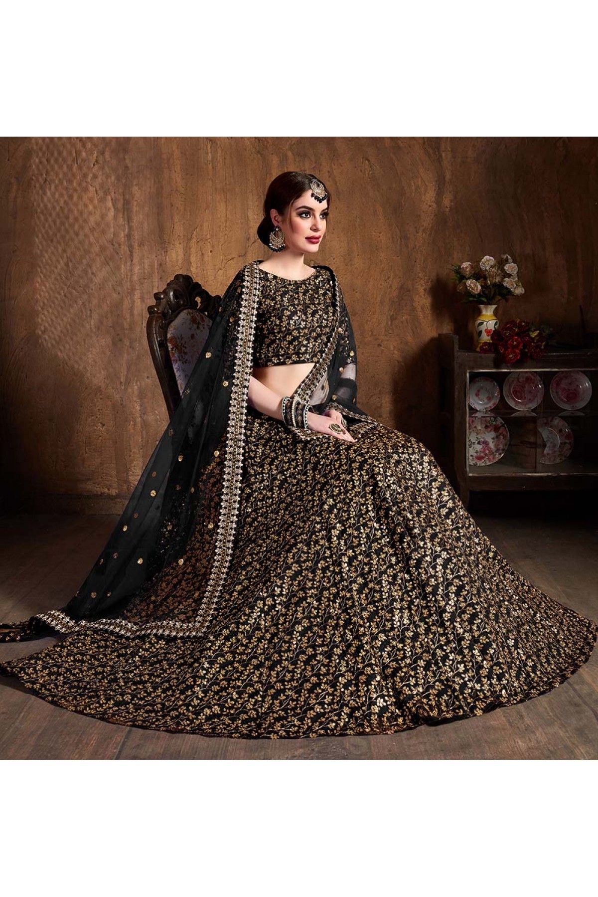 Buy Women Black Thread Embroidered Lehenga Set With Floral Embroidered  Blouse And Dupatta - Ready To Wear Lehengas - Indya