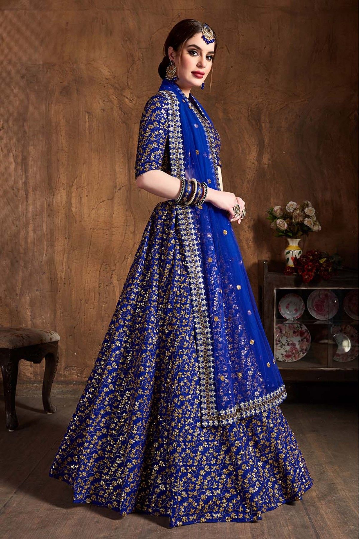 Banglori Silk Embroidery Lehenga Choli In Royal Blue Colour