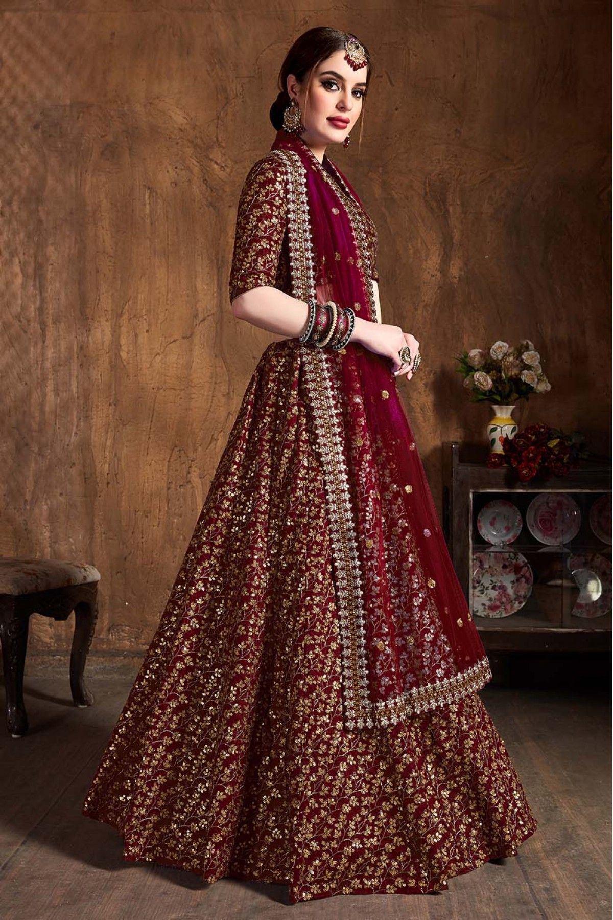 Get Designer Maroon Bridal Lehenga Choli Online at Ethnic Plus