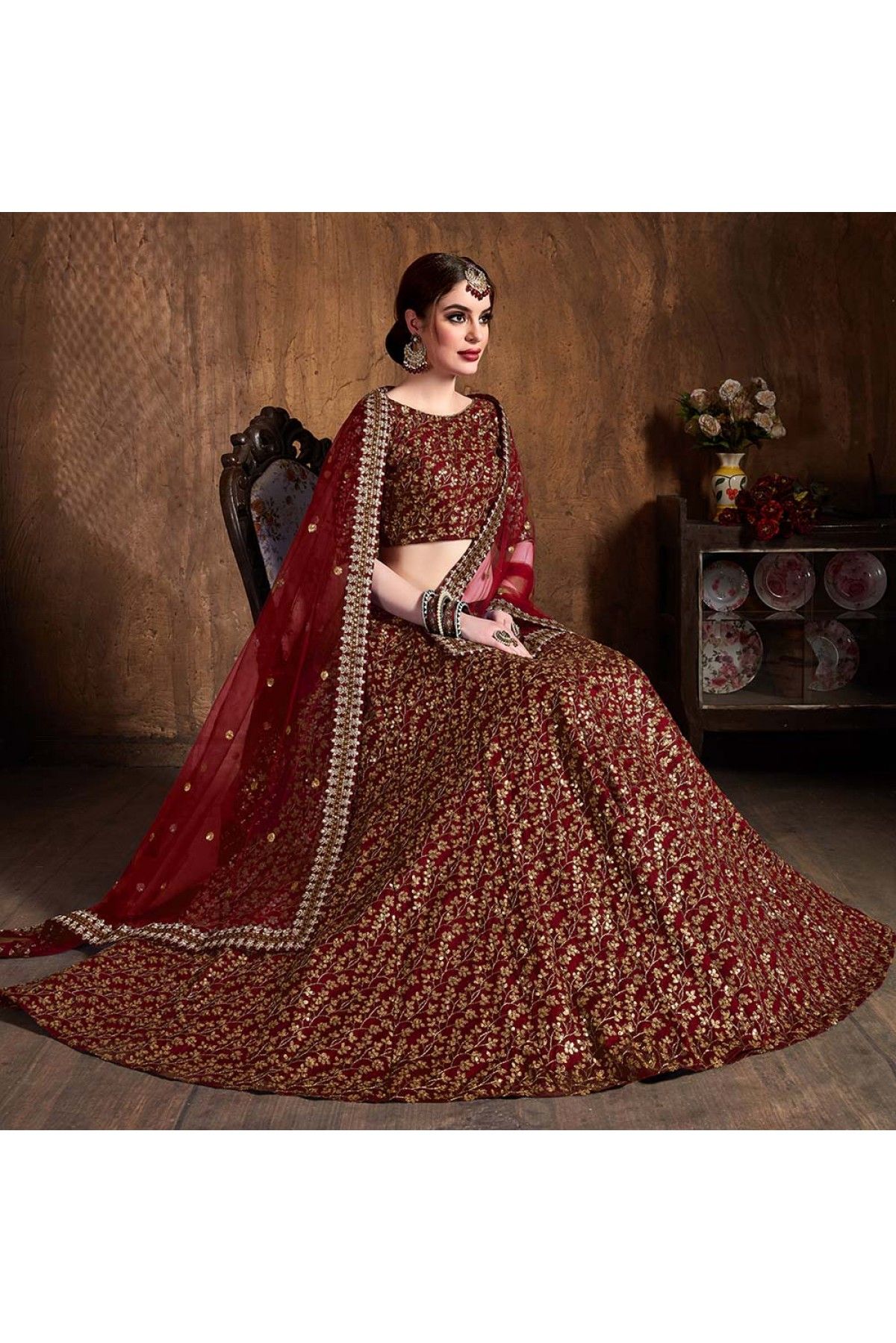 Engagement, Mehendi Sangeet, Reception Red and Maroon color Georgette  fabric Ready to Wear Lehenga : 1879275