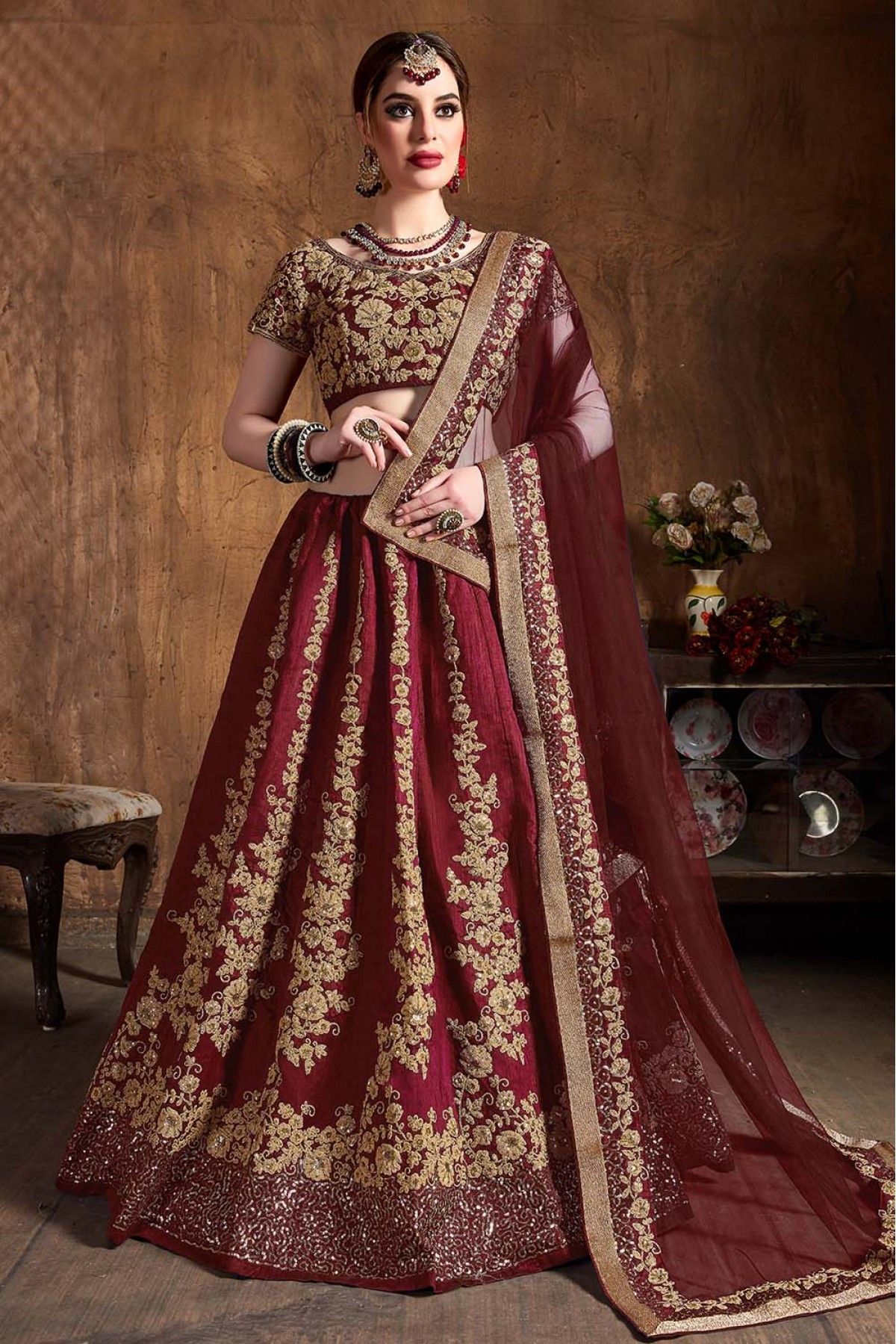 Maroon Colour Wedding Lehenga Choli in Velvet Fabric.