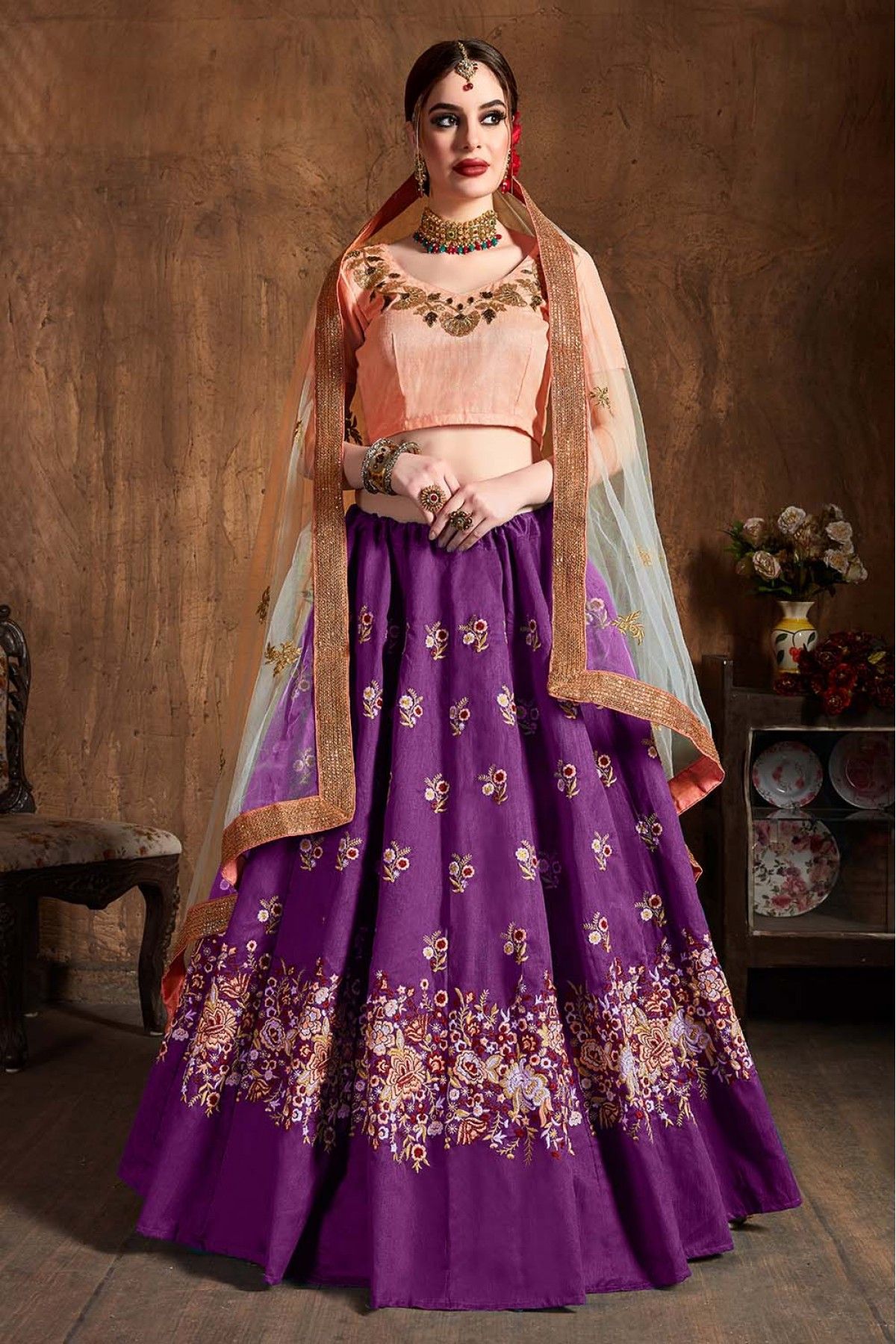 Purple Color Printed With Foil Work Dola Silk Lehenga Choli