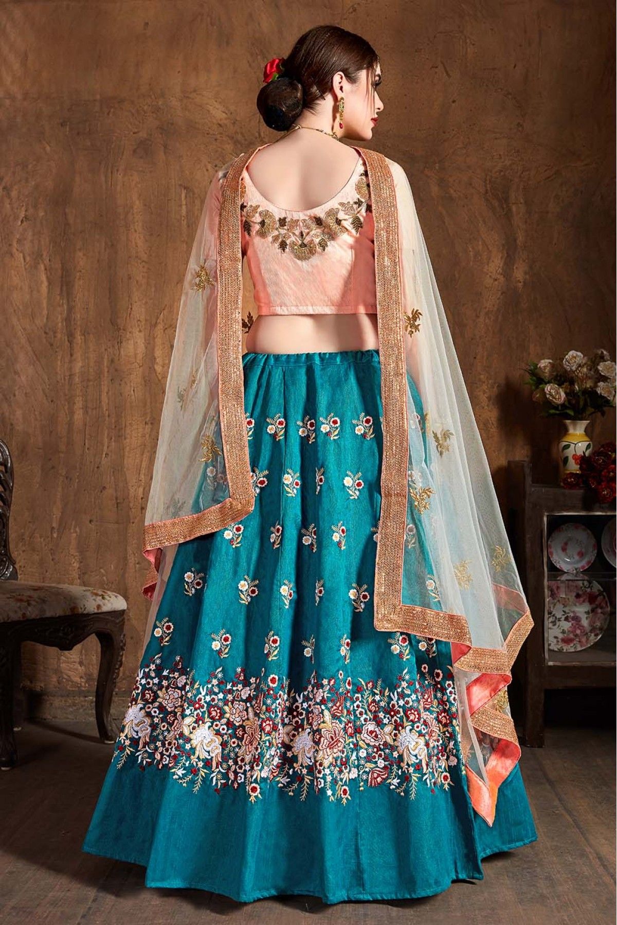 Dori Embellished Net Lehenga Choli In Green Latest 2328LG08