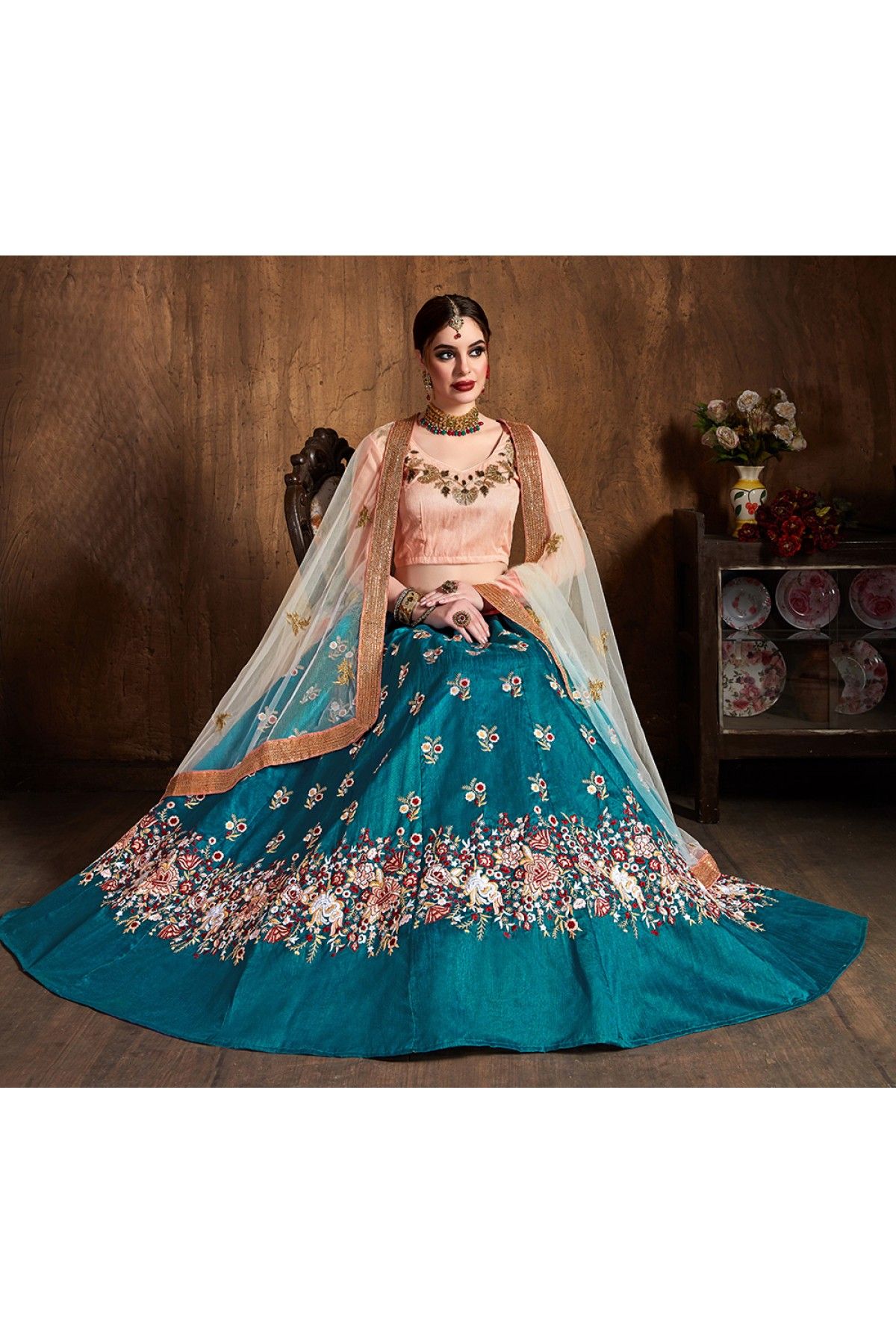 Satin Georgette With Santoon Inner Readymade Lehenga In Rama & Green Color  - Lehenga