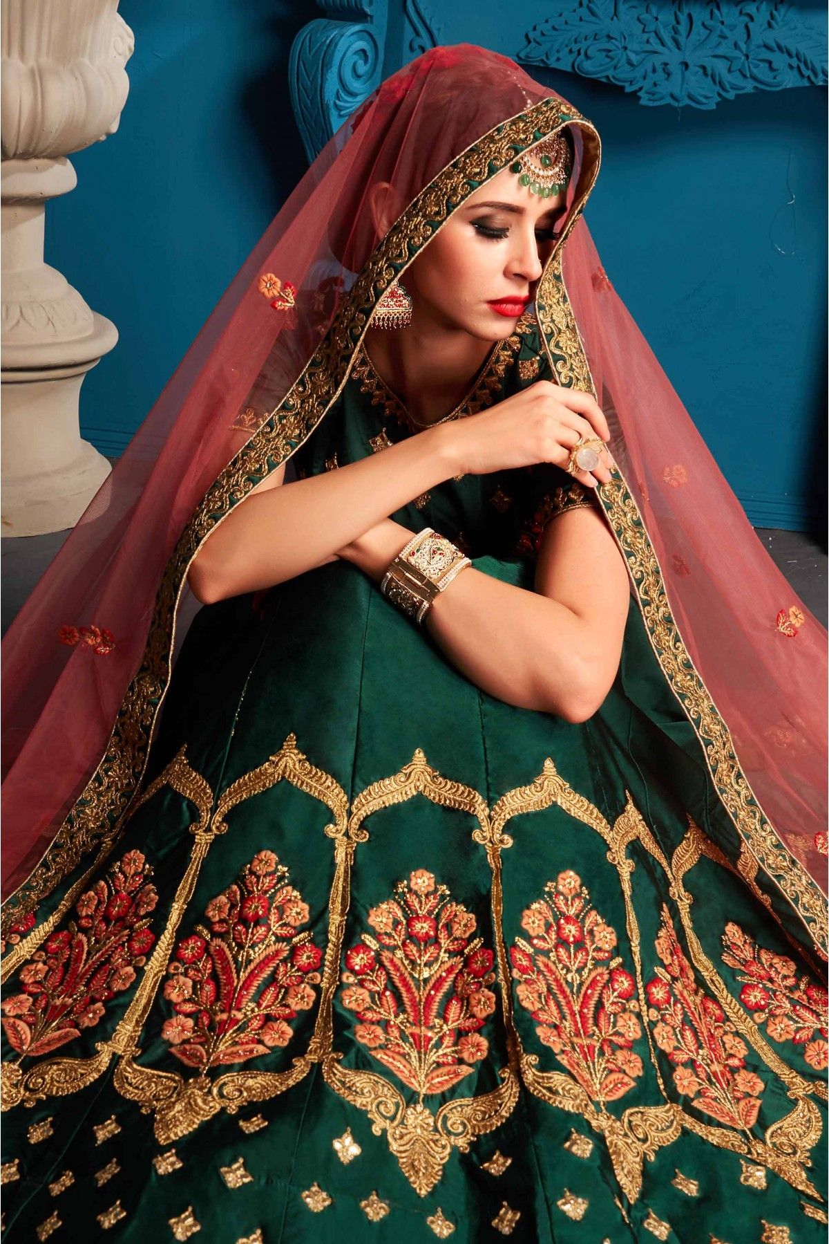 Buy Alluring Dark Green Georgette Ruffle Lehenga Choli