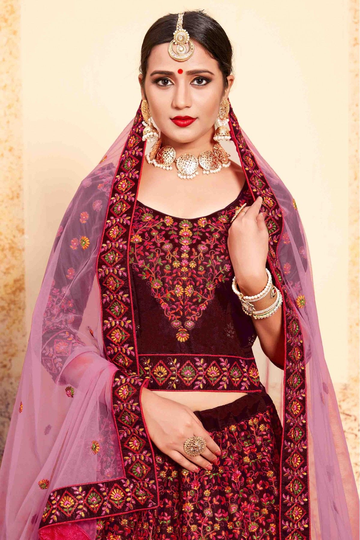 Maroon Embroidered Bridal Lehenga Choli 2585LG01