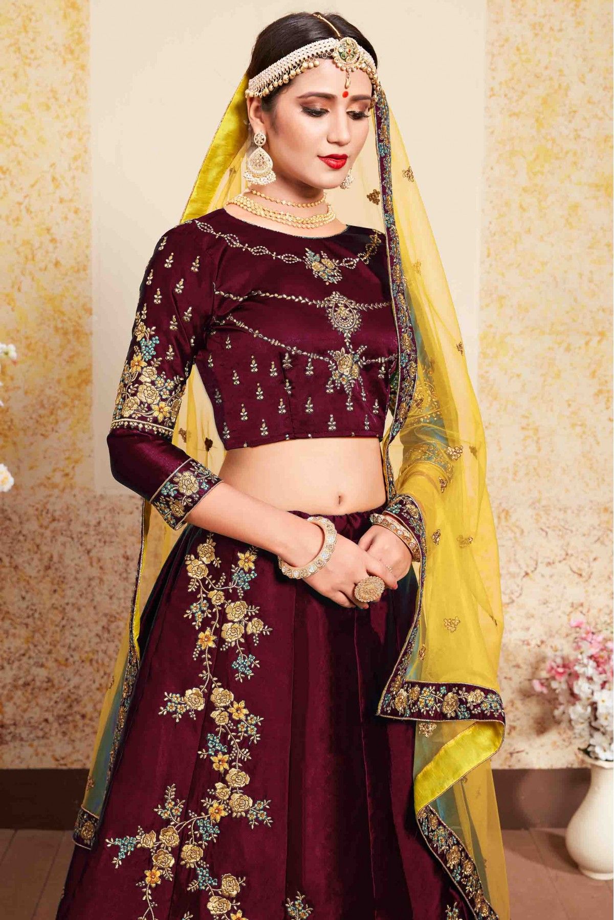 Buy Maroon Zari Embroidered Silk Bridal Lehenga Choli From Ethnic Plus