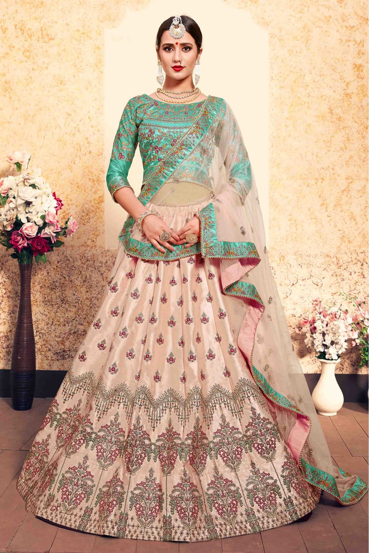 Peach Colour Lehenga Combination | Silk lehenga, Party wear lehenga, Lehenga  choli