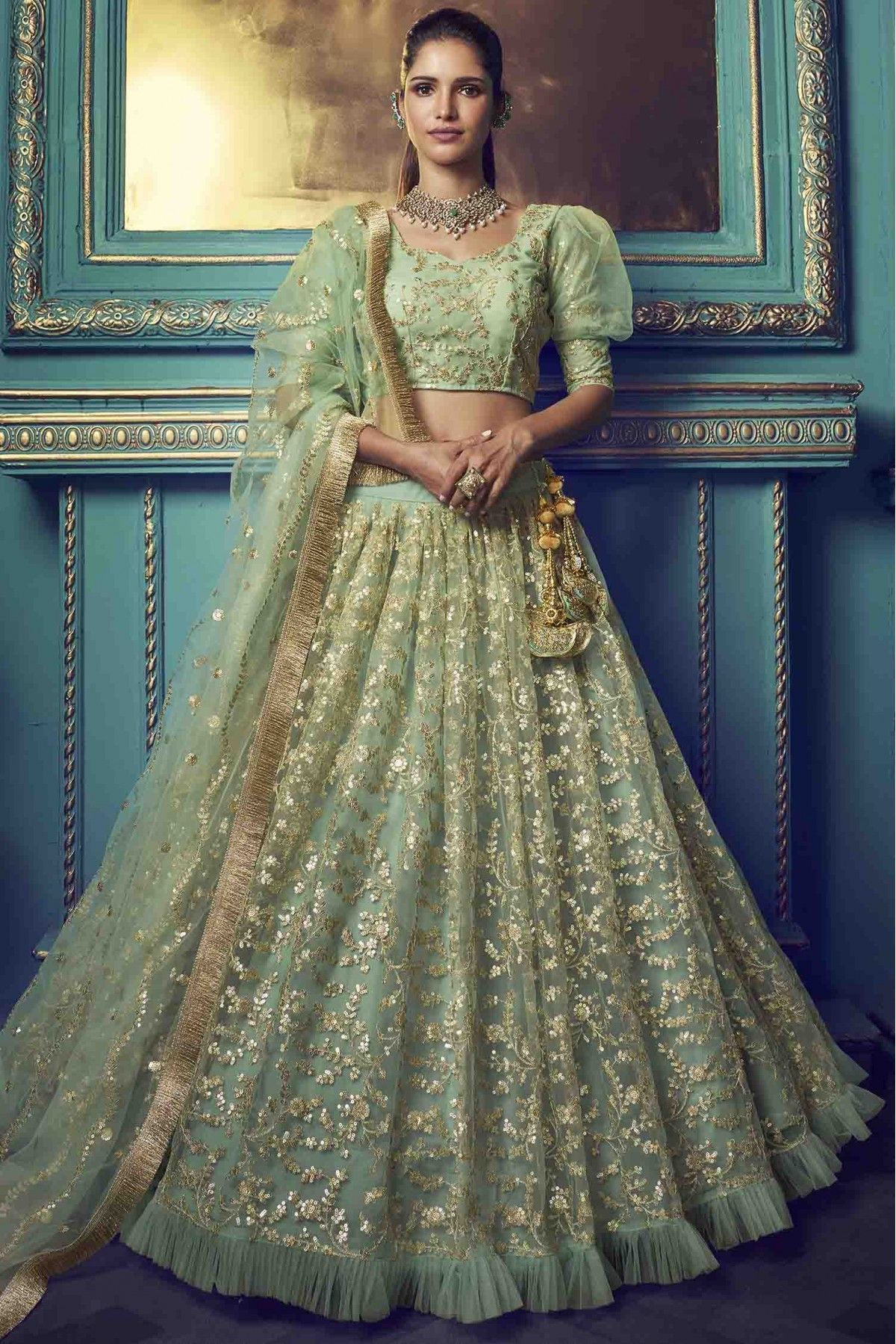 Net Embroidery Lehenga Choli In Dark Green Colour - LD5680006