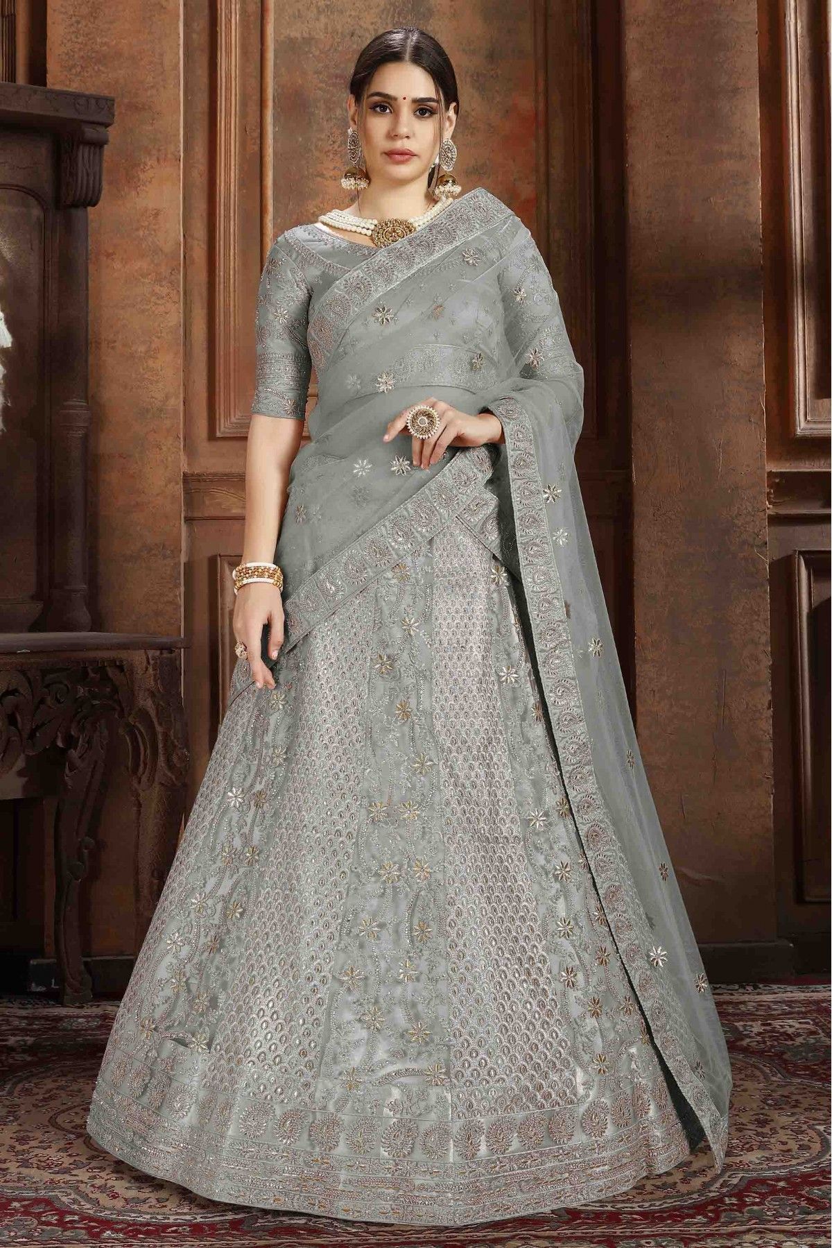 Grey Colour Net Fabric Lehenga Choli.