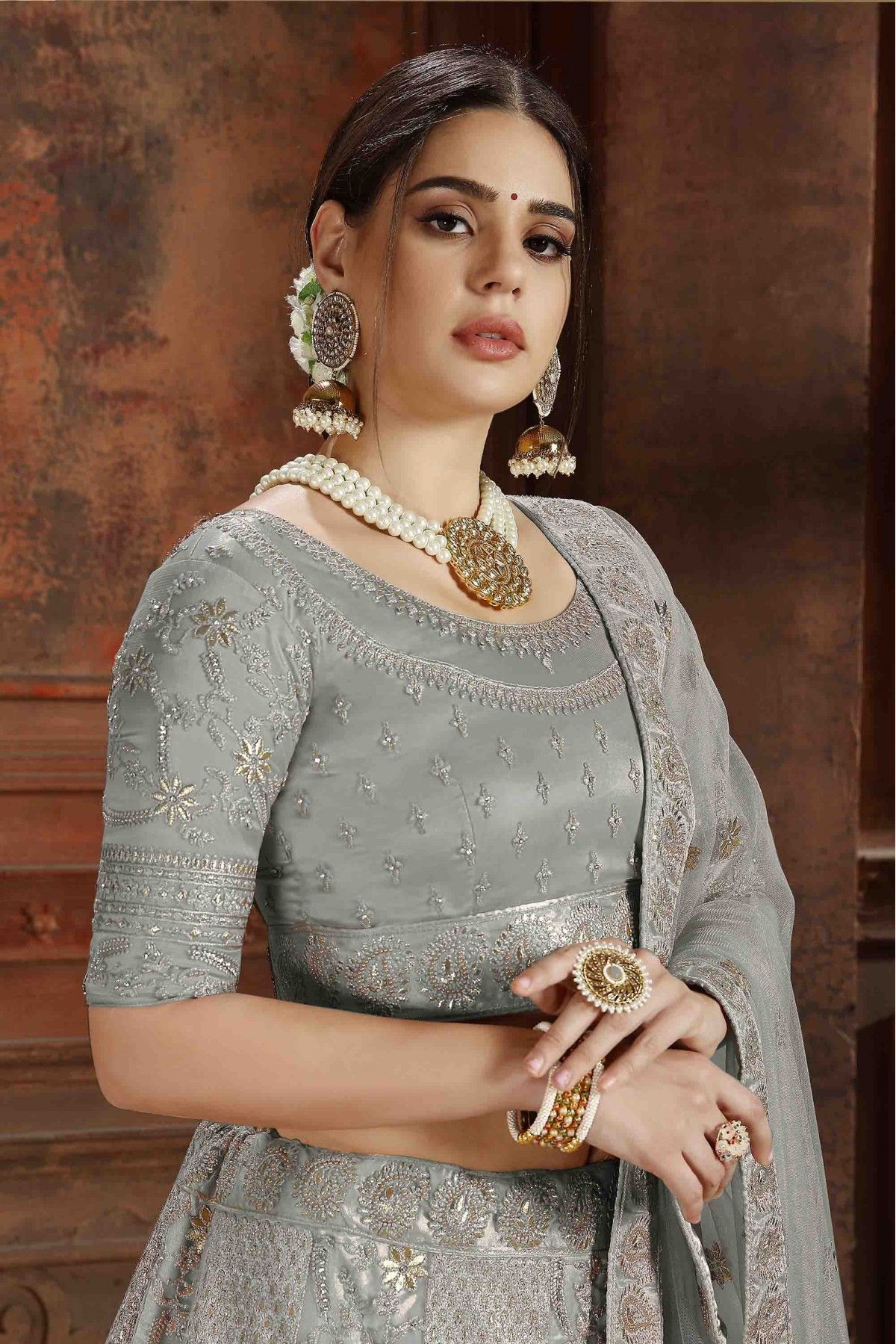 Soft Net Embroidery Lehenga Choli In Grey Colour - LD4900012