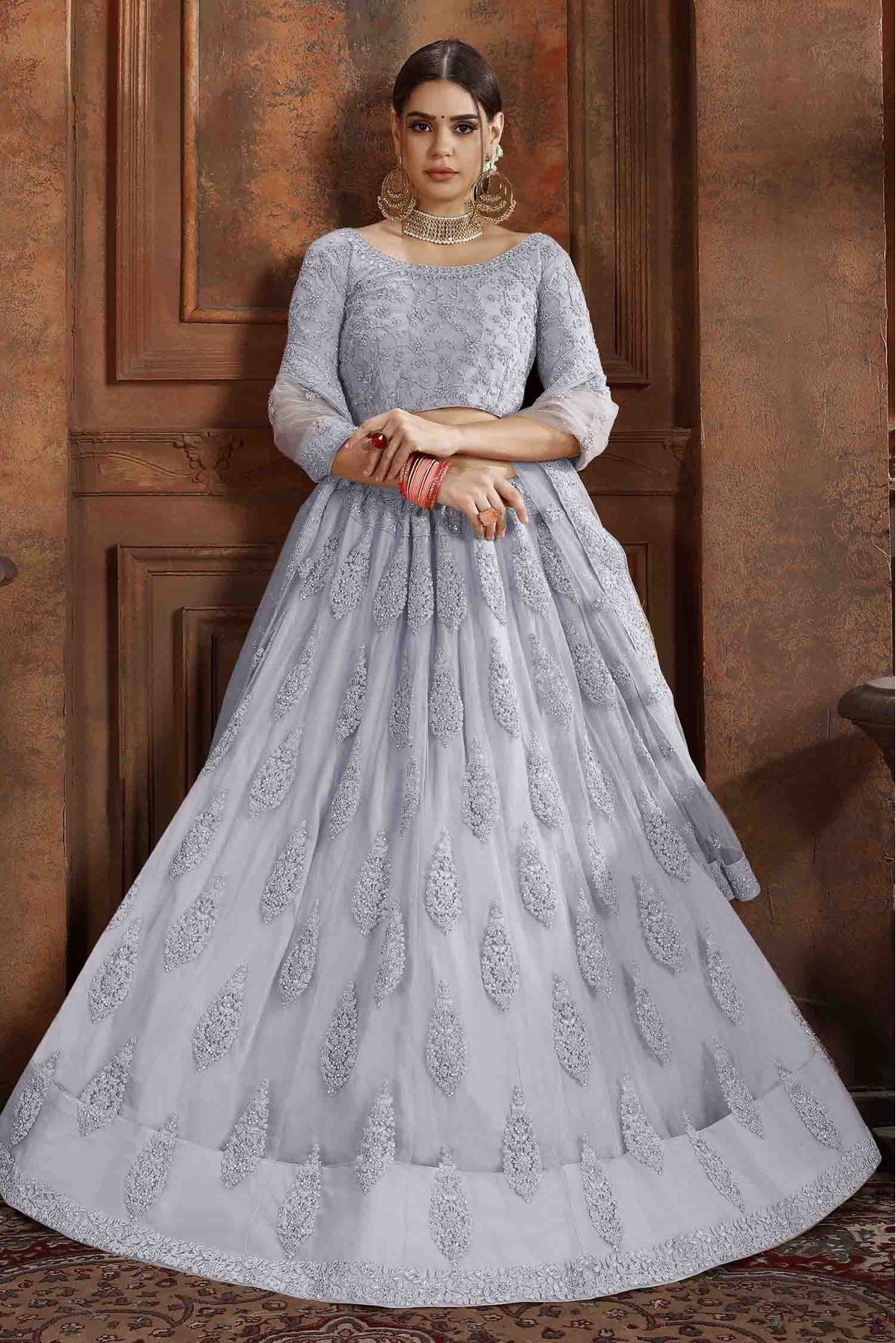 Grey Organza Lehenga with Soft net Dupatta - Rent