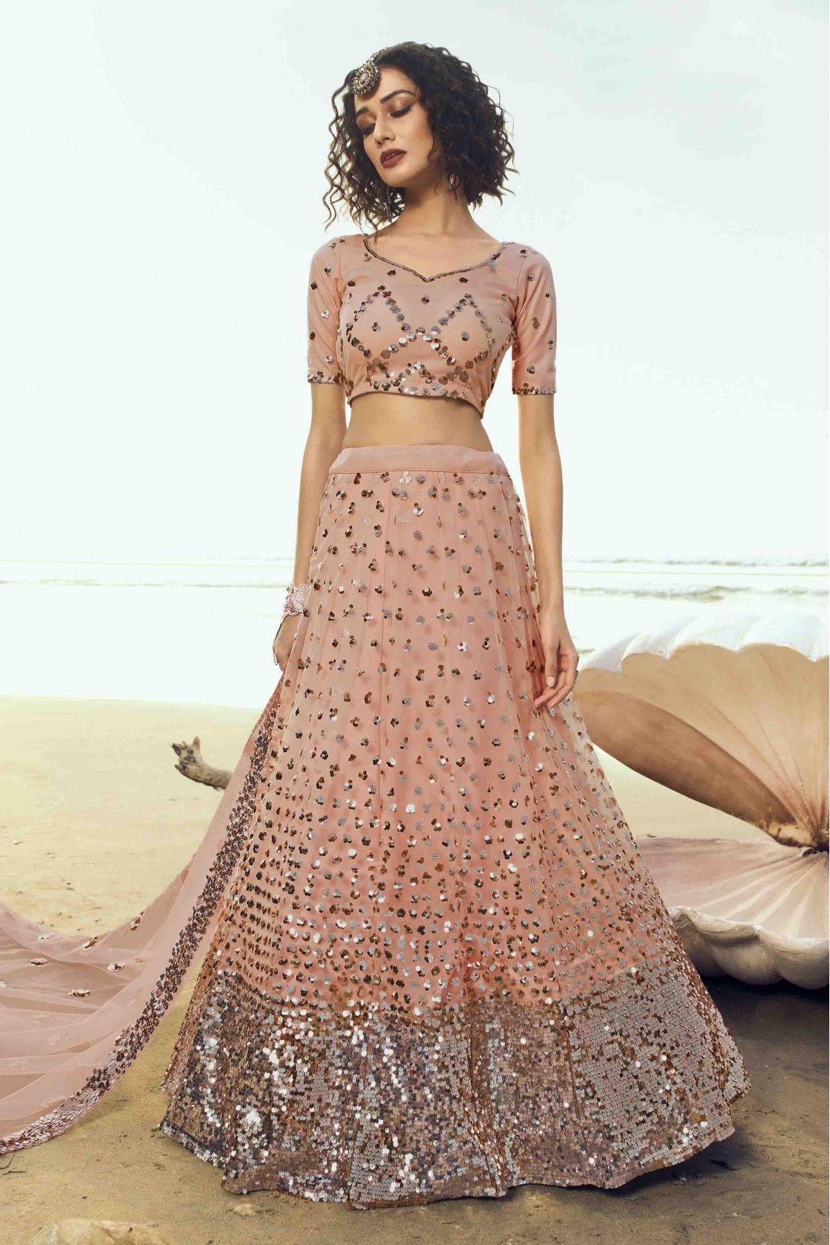 Georgette Fabric Peach Color Ruffle Style Lehenga & Choli in Resham,  Embroidered, Mirror Work with Dupatta