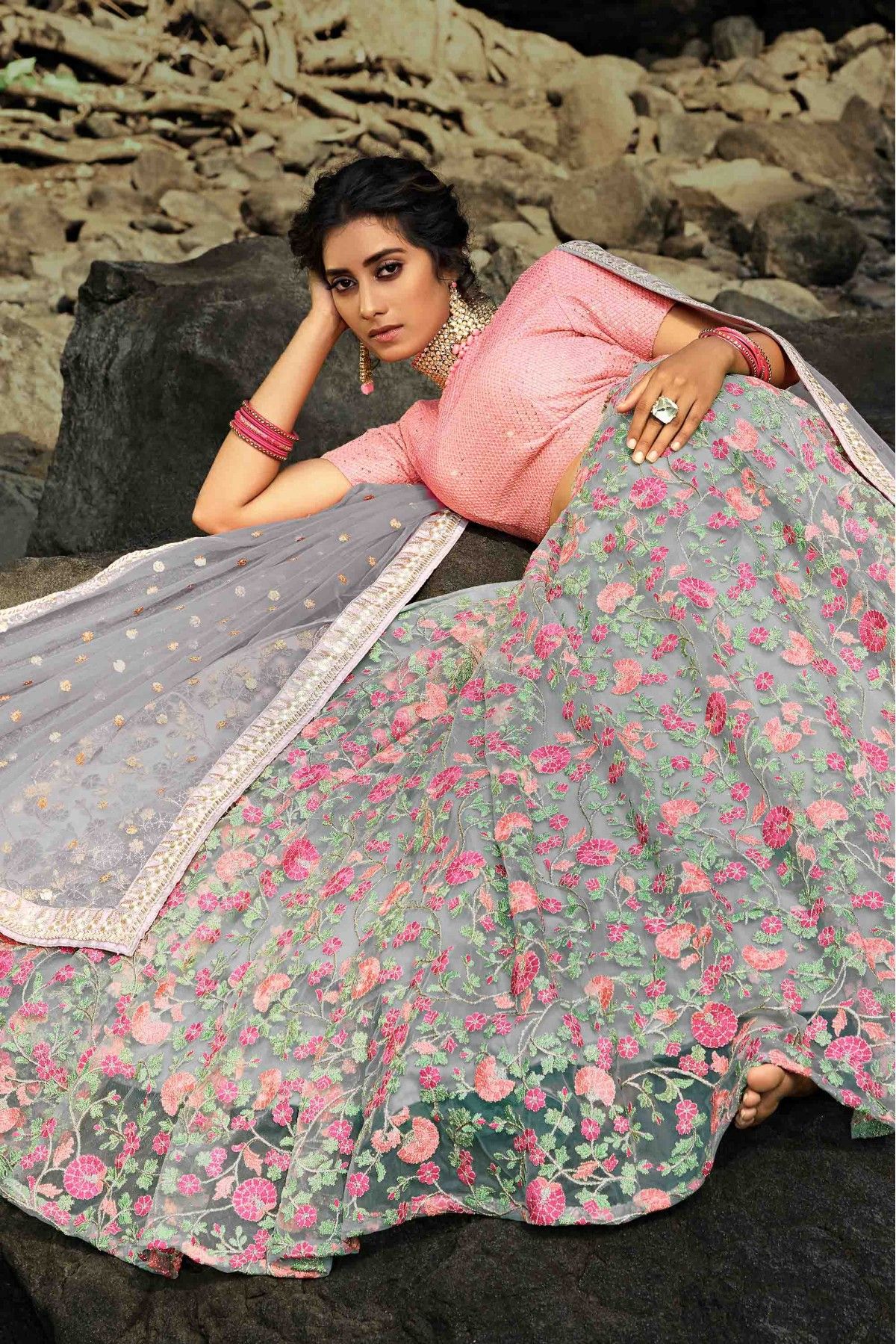 Buy Pink And Grey Lehenga Choli online from Pretty Lady Collection