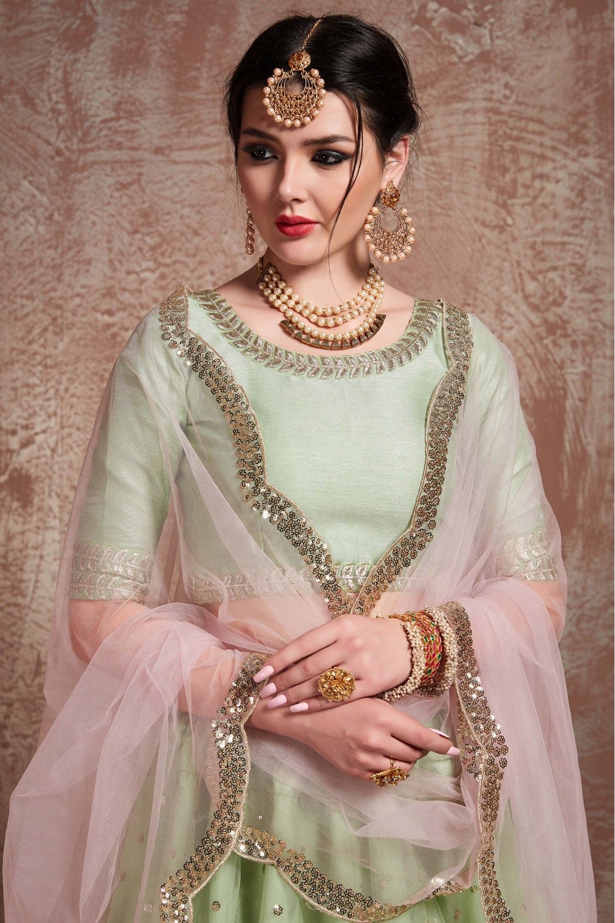 Pista Green Satin Lehenga with Embroidery