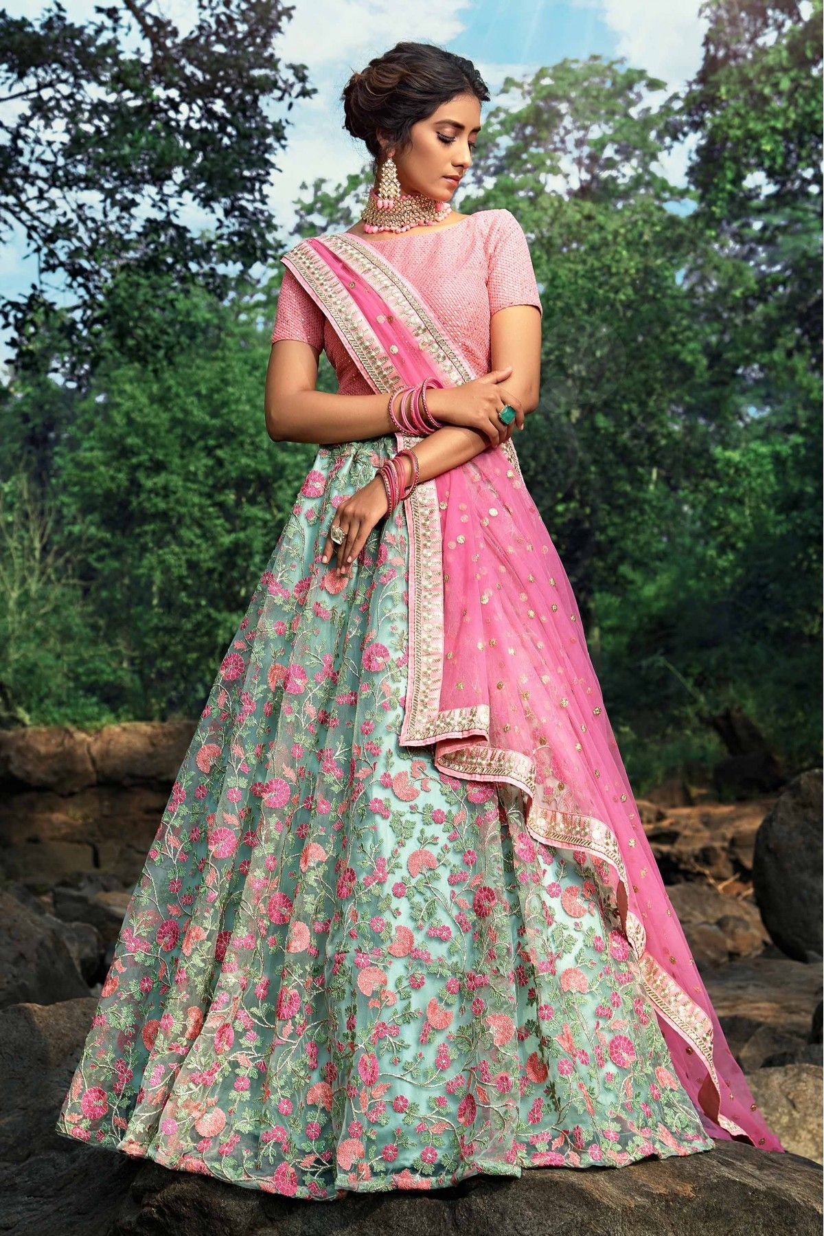 Pista Green Lehenga Choli | Green lehenga, Floral lehenga, Wedding skirt  outfit