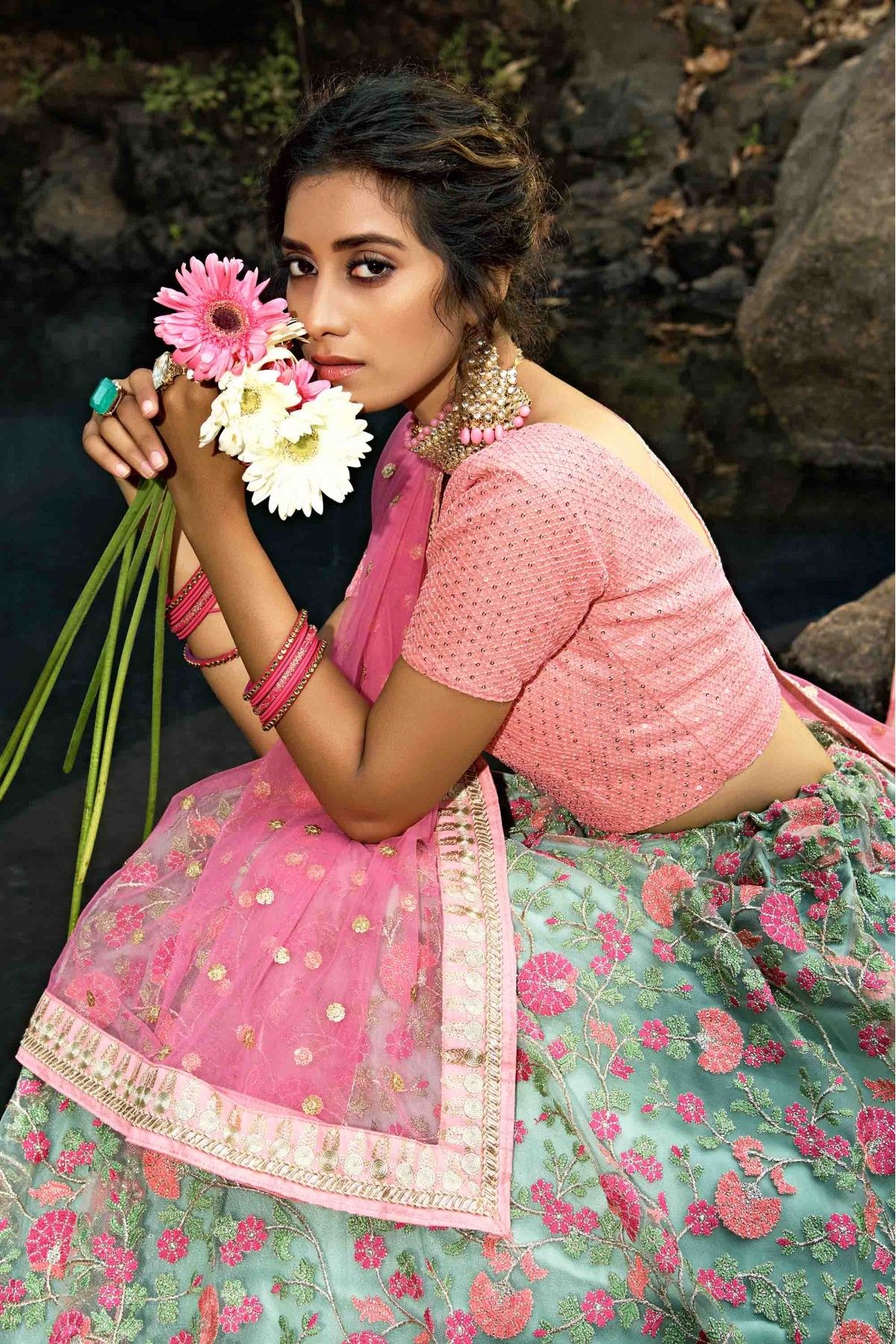 Gajra Gang Lehenga Choli : Buy Gajra Gang Bageecha Green & Pink Floral  Printed Lehenga Choli & Dupatta (Set of 3) Online|Nykaa Fashion