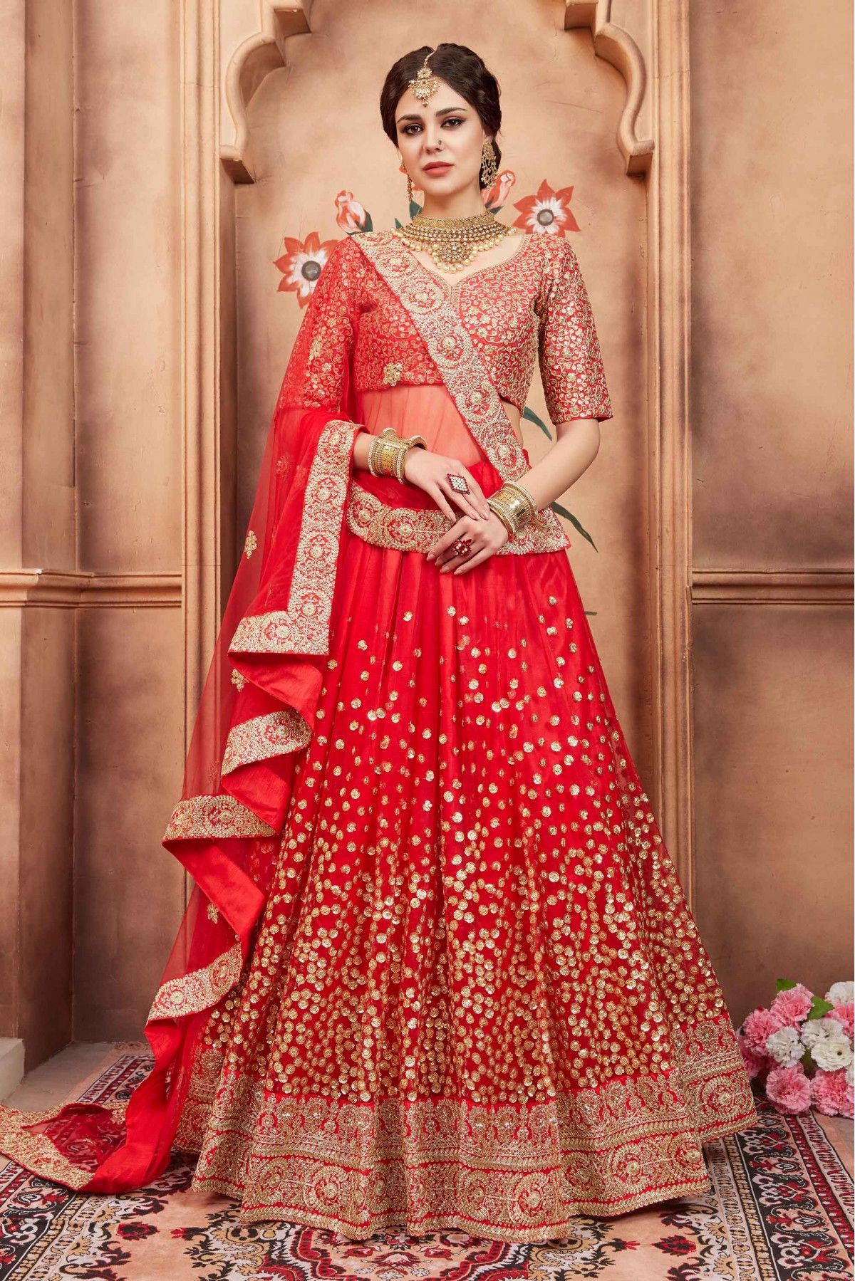 Red Party Wear Sequins Embroidered Tapetta Lehenga