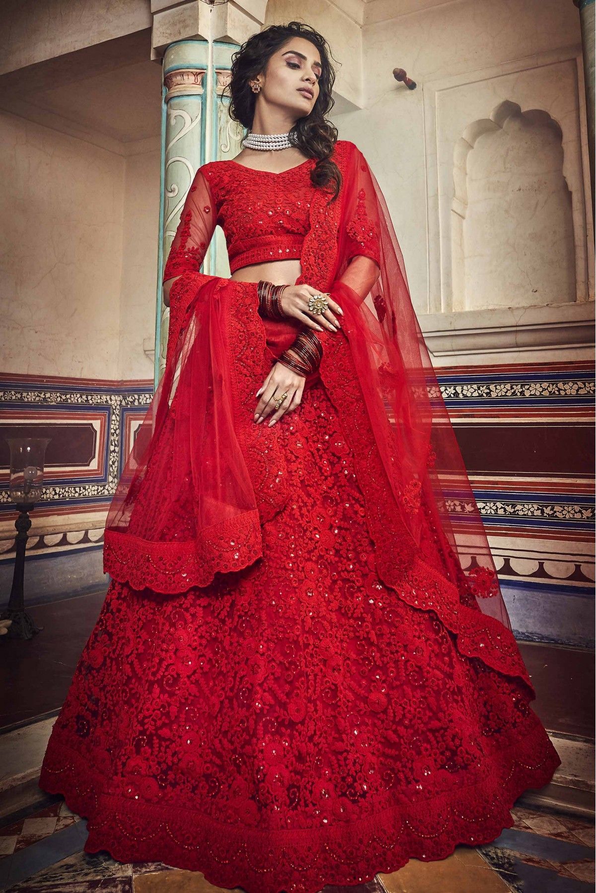 Buy Lehengas - Red Sequence Embroidered Traditional Georgette Lehenga Choli