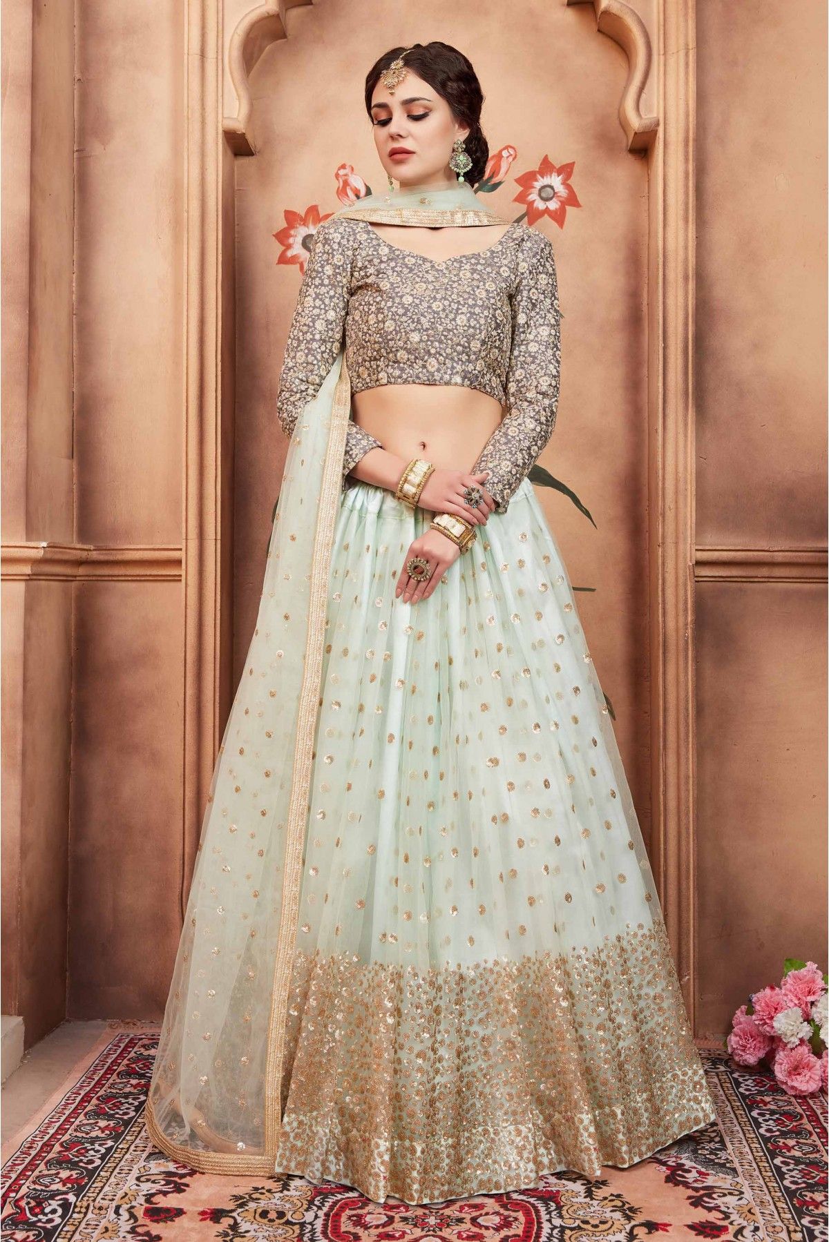 Shop Blue Net Long Choli A Line Lehenga Wedding Wear Online at Best Price |  Cbazaar