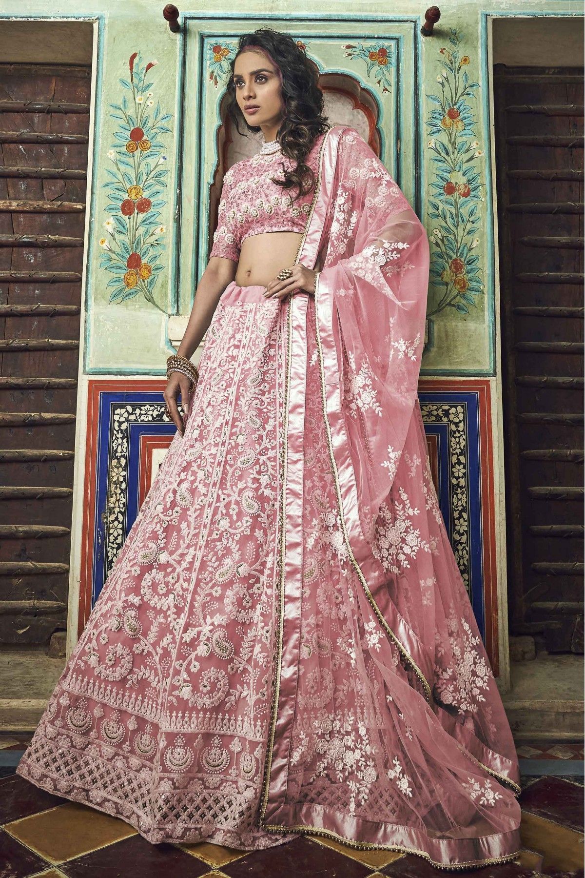 Superb Thread Work Pink Trendy Lehenga Choli -