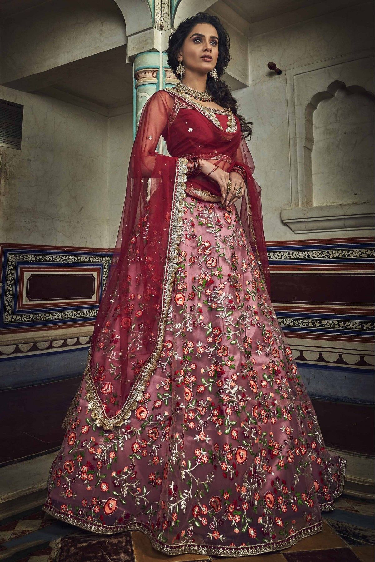 Girlish Red Heavy net Lehenga Choli online -