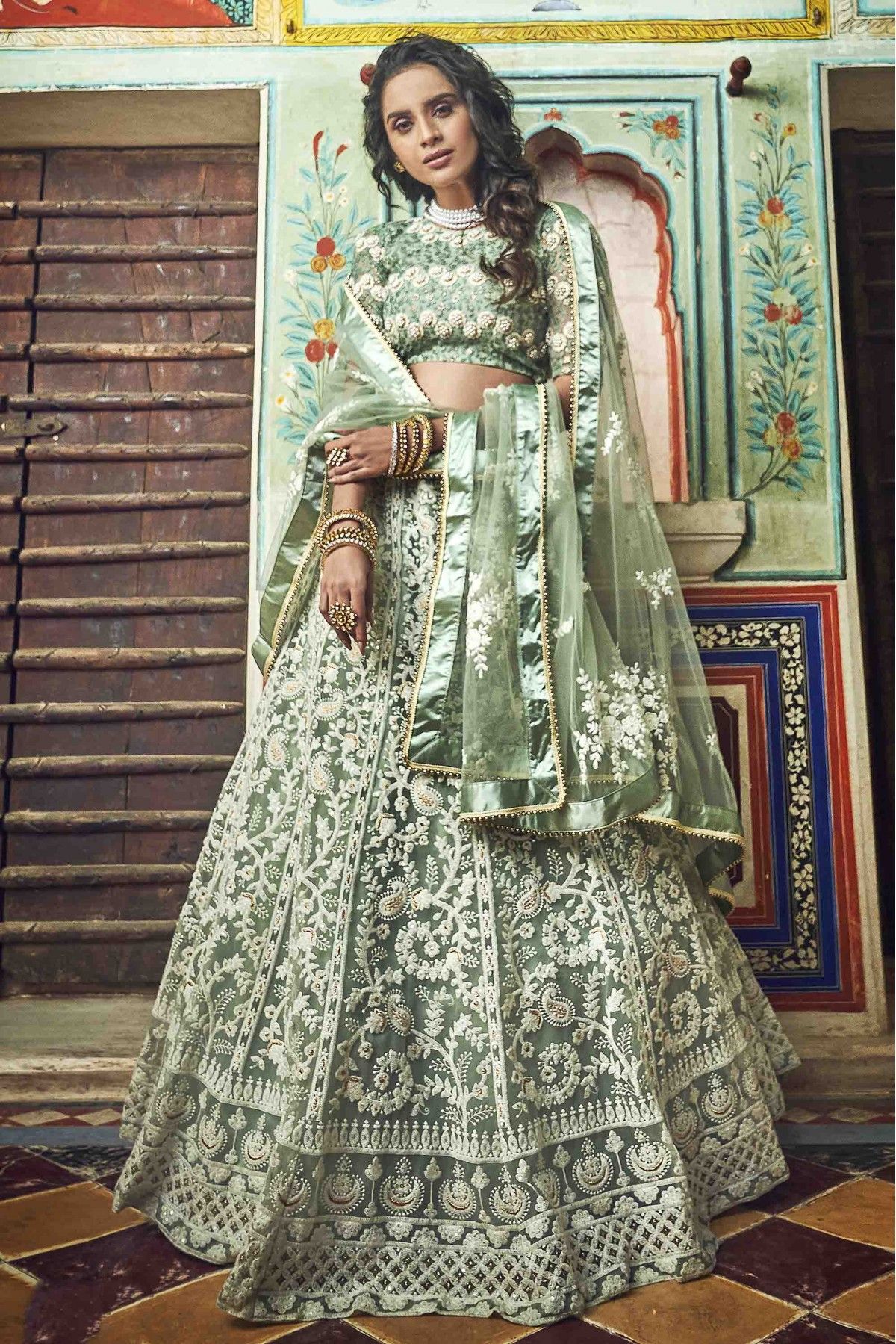 Buy Sea green silk wedding lehenga in UK, USA and Canada