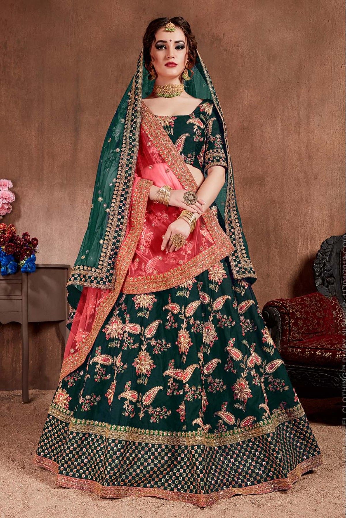 Dark Green Thread With Sequence Embroidered Georgette Lehenga – Maharani