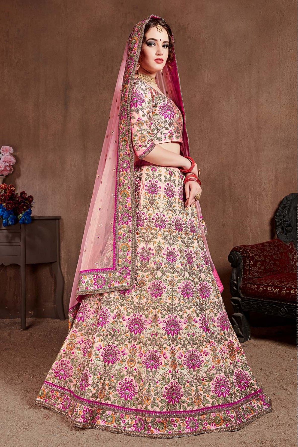 Buy Beige Color Taffeta Silk Fabric Lehenga Choli