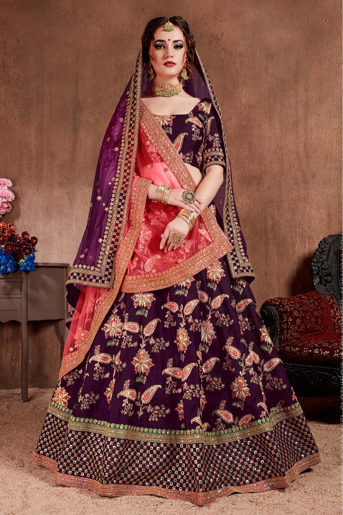 Buy Beige Color Taffeta Silk Fabric Lehenga Choli