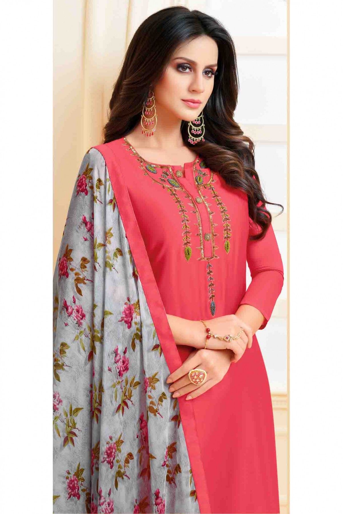 Pink Embroidered Chanderi Cotton Churidar Salwar Kameez