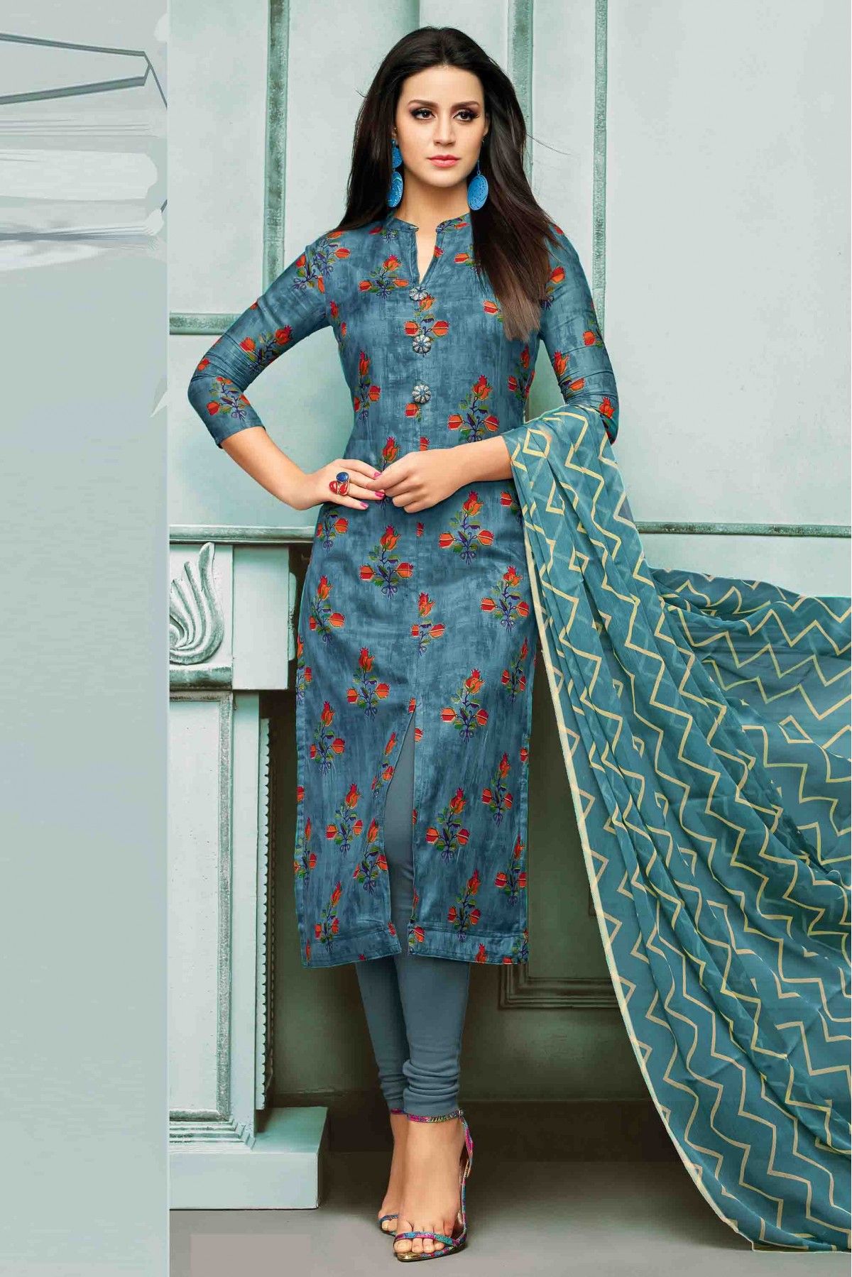 Unstitched Chanderi Cotton Printed Churidar Suit In Blue Colour