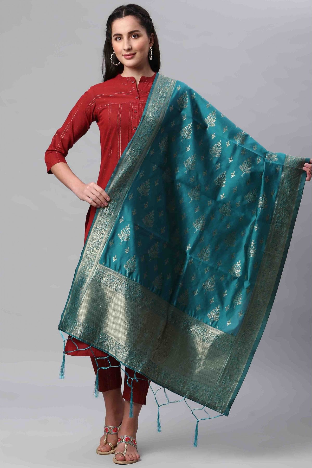 Banarasi Silk Woven Dupatta In Rama Green Colour - DU1356517