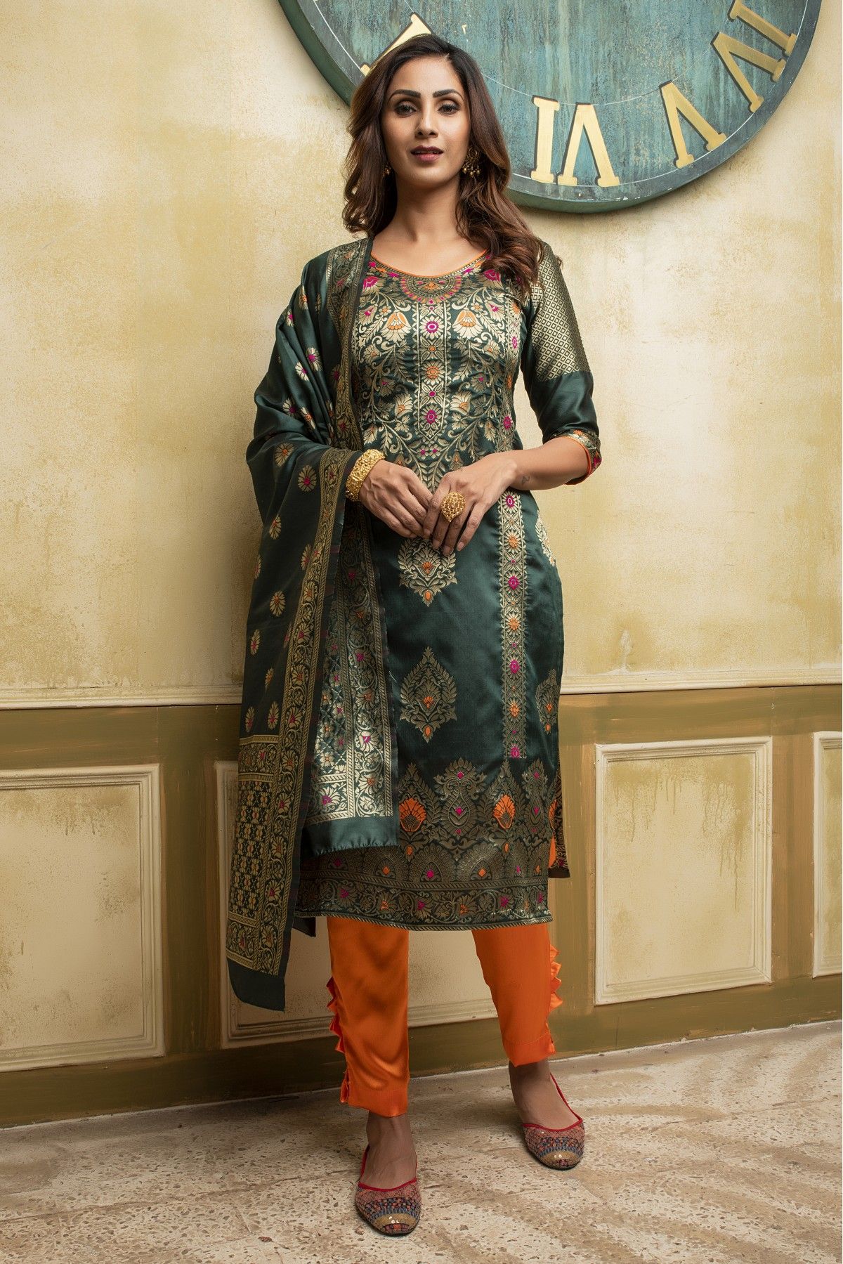 Banarasi Silk Woven Pant Style Suit In Dark Green Colour SM1356707 A