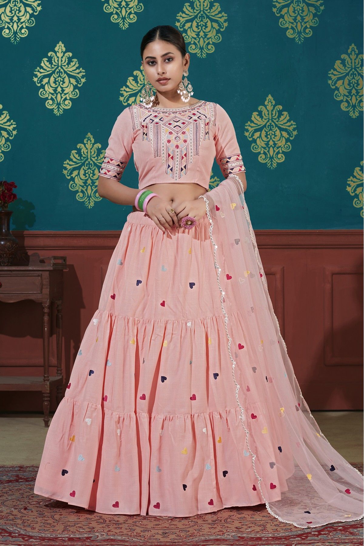 Cotton Embroidery Lehenga Choli In Pink Colour - LD3210861