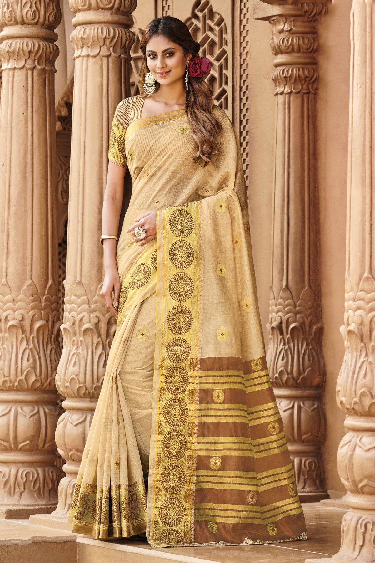 Buy sheladiya Digital Print Banarasi Pure Silk Cream Sarees Online @ Best  Price In India | Flipkart.com